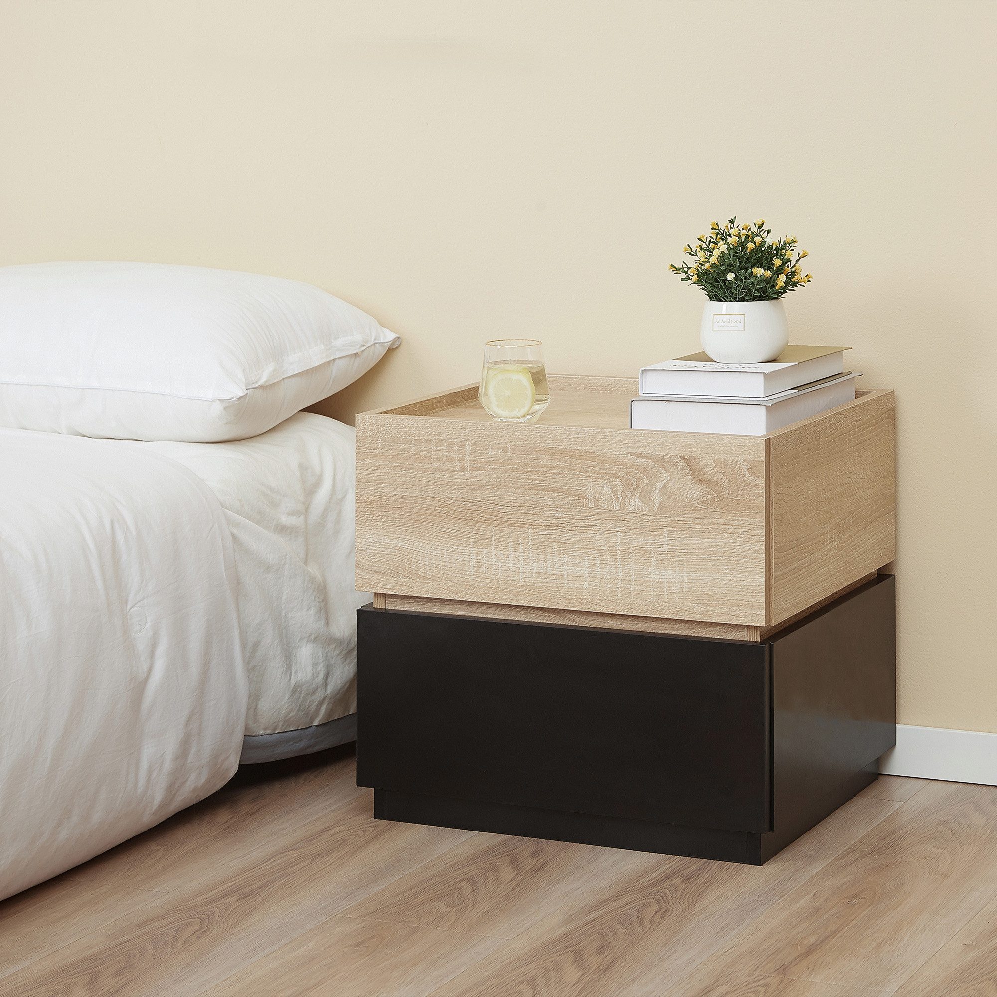 HOMCOM Nachttisch Schublade Nachtschrank stapelbar Schlafzimmer (Nachtkommode, 1-St., Schubladenschrank), Spanplatte Schwarz+Natur 50 x 40 x 47,5 cm