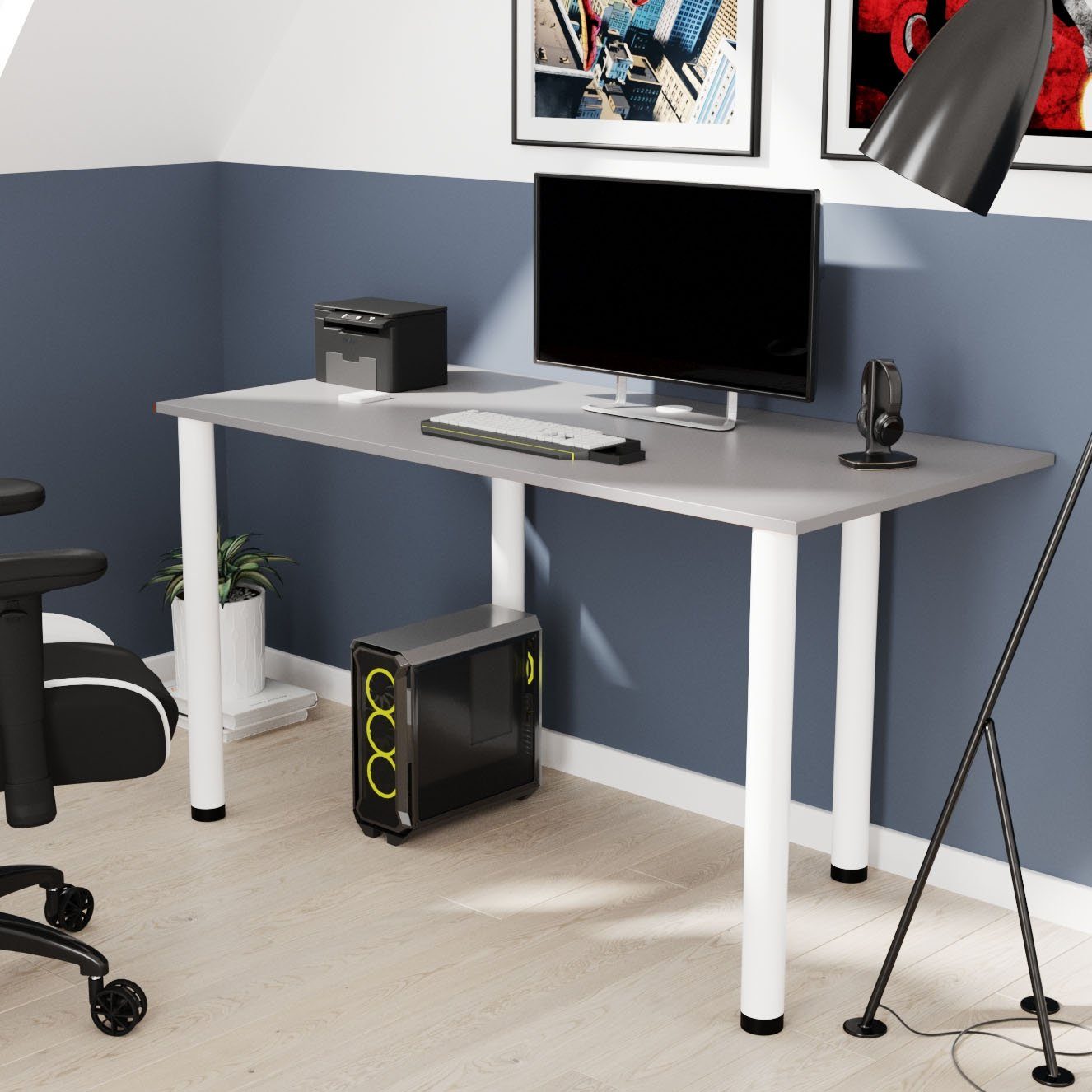 AKKE Schreibtisch, Schreibtisch mit Kabeldurchführung und weißen Beinen 2mm PVC Light Graphite