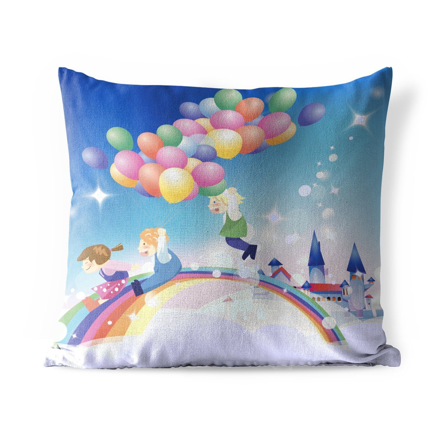 MuchoWow Dekokissen Eine Illustration eines Mädchens mit Luftballons in Regenbogenfarben, Kissenbezüge, Kissenhülle, Dekokissen, Dekokissenbezug, Outdoor | Dekokissen