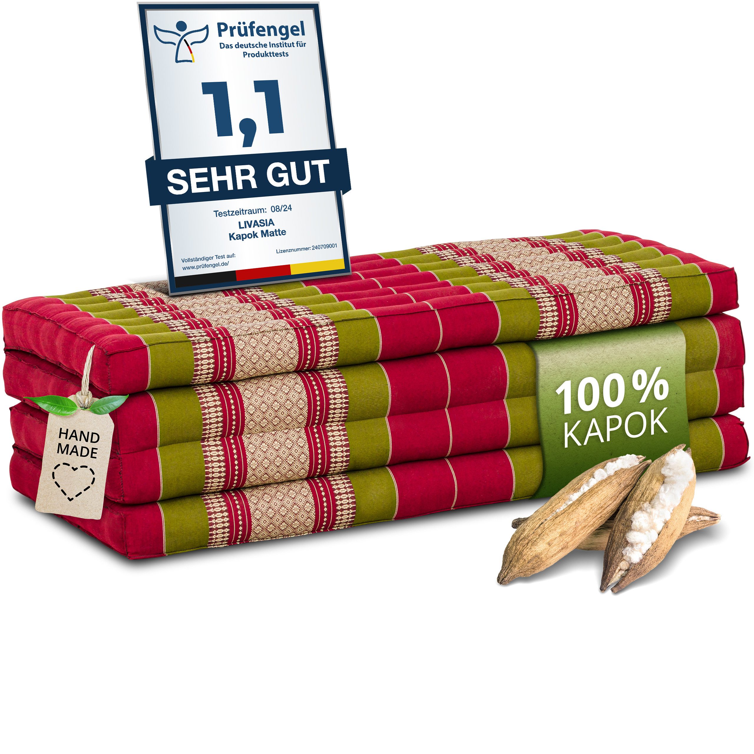 Klappmatratze Faltmatratze 110 cm breit (Classic) - 200x110x8cm -, livasia, 8 cm hoch, Kapok, vegan, handgefertigt