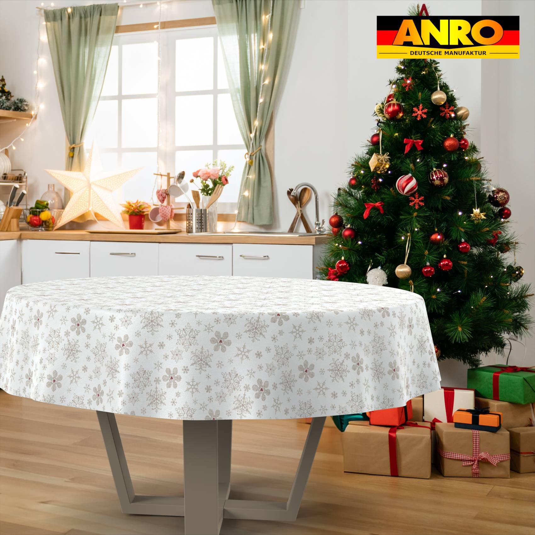 ANRO Tischdecke pflegeleicht Weihnachten Tischtuch Christmas Schneeflocken Tischwäsche (Einzelstück 1-tlg), Schutz-Beschichtung wasserabweisend Rund 100cm