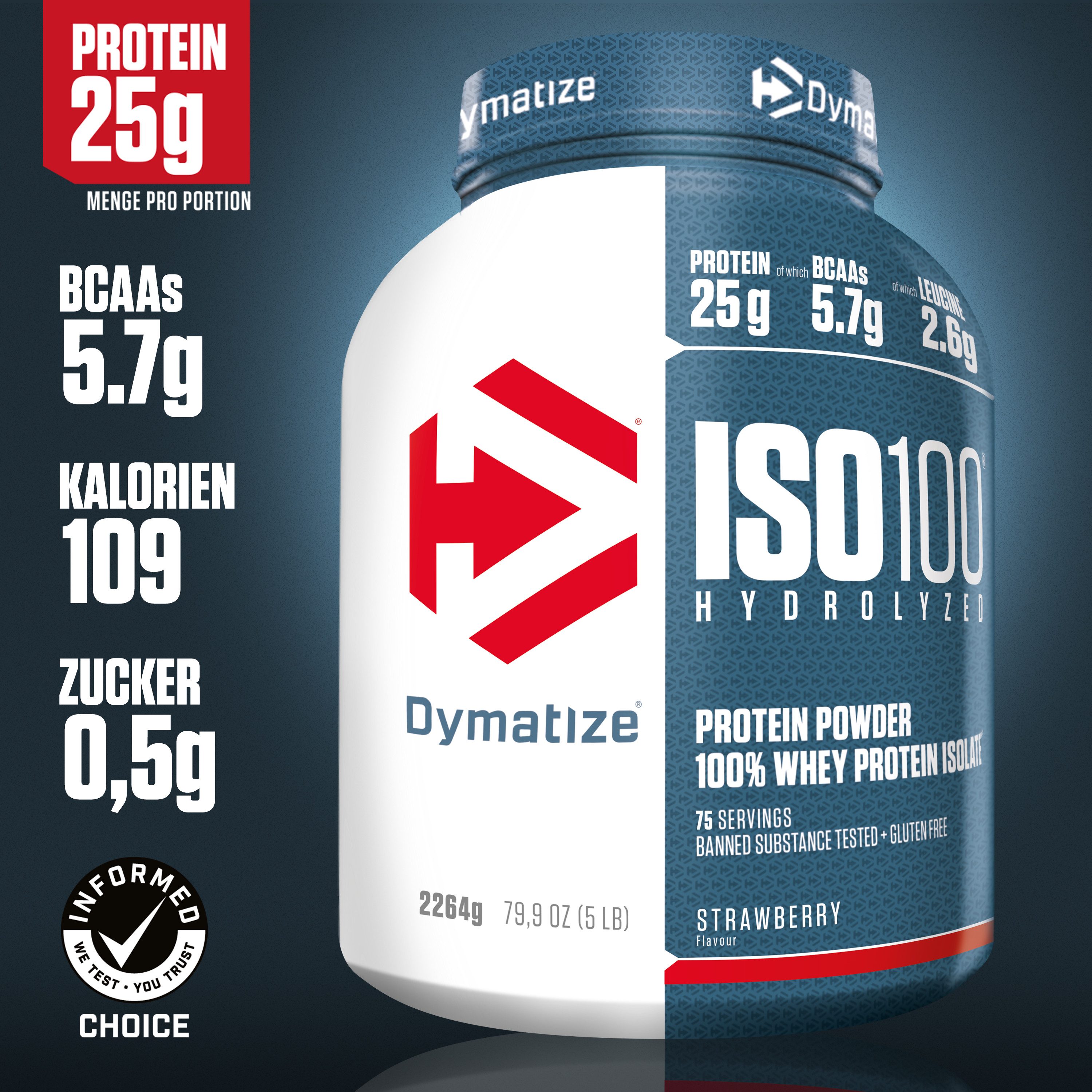 Dymatize Whey Pulver Shake Hydrolysat Eiweiß ISO 100 Strawberry 2264 g Pulver, 2264 g