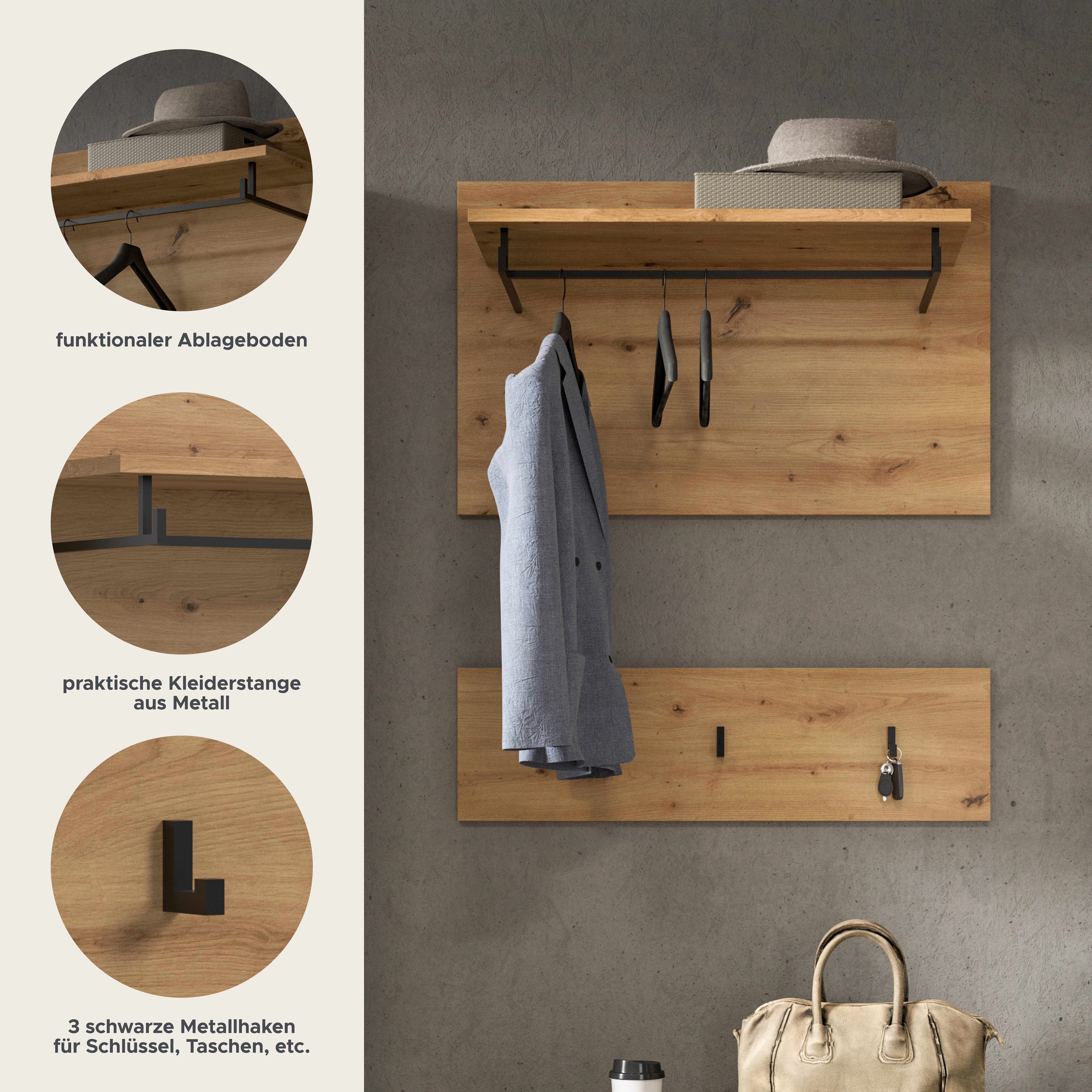 Home affaire Garderobenpaneel REHAT, TOPSELLER!, 2-teilig, bestehend aus: Paneel & Hakenleiste (1 St., in verschiedenen Farben erhältlich), Paneel, Hakenleiste, Wandboard, Garderobe, Garderobenleiste