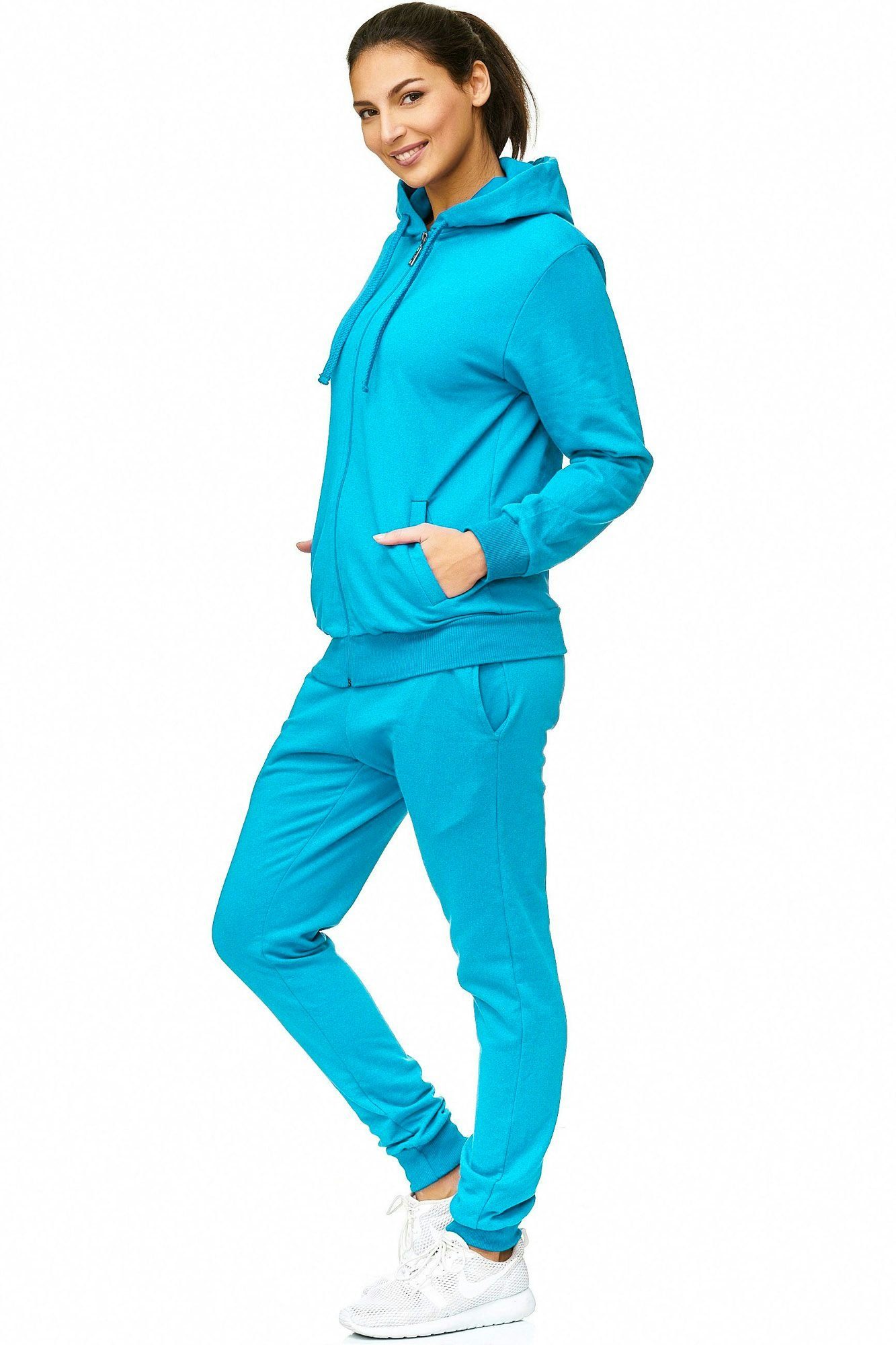 L.gonline Freizeitanzug Damen Jogginganzug, Freizeitanzug, Hausanzug 586 (Kapuzenjacke mit Reißverschluss, Hose, 2-tlg), Fitness Freizeit Casual