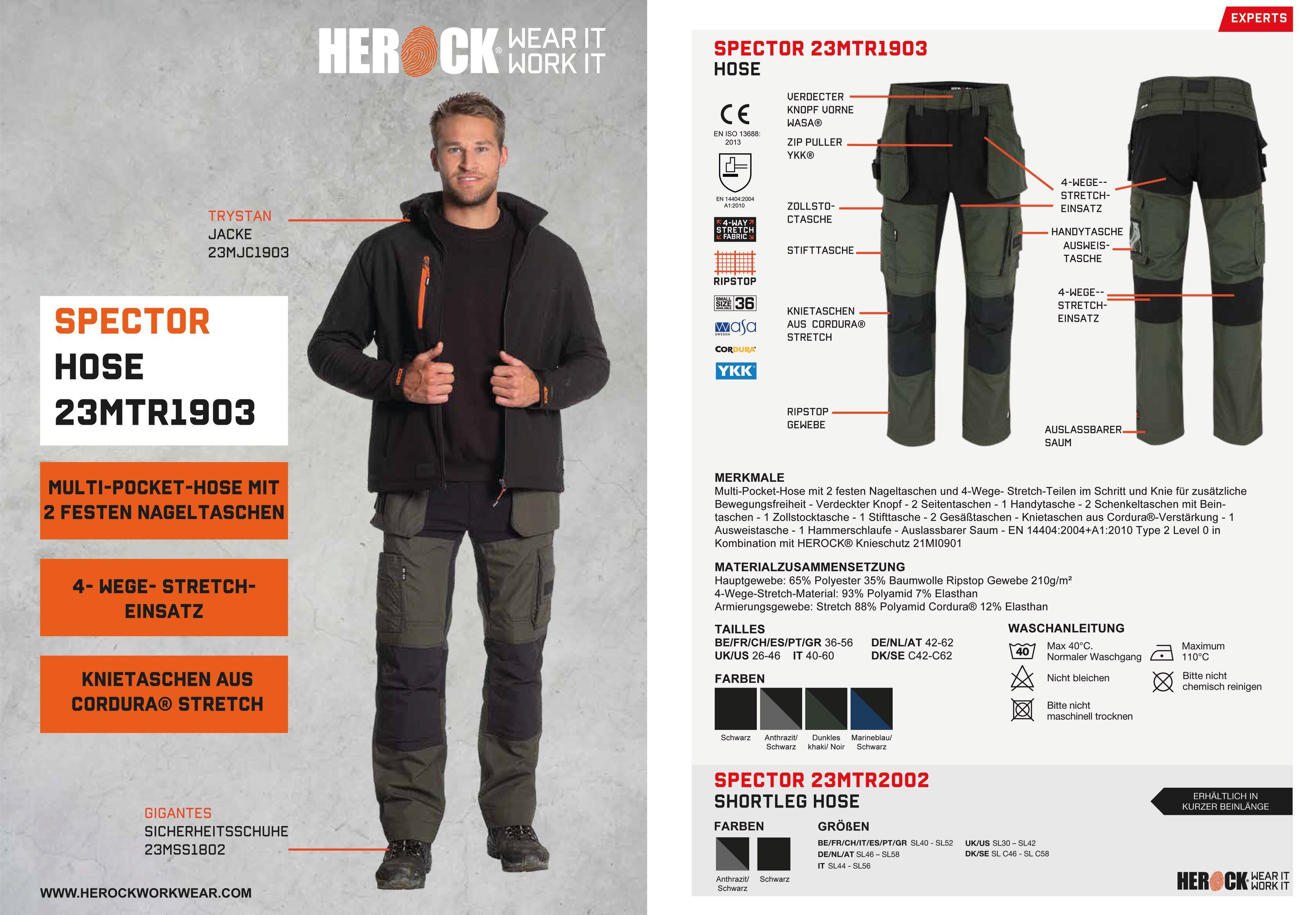 Herock Arbeitshose 4-Wege-Stretch-Teilen Multi-Pocket-Hose Hose Spector und khaki 2 festen mit Nageltaschen
