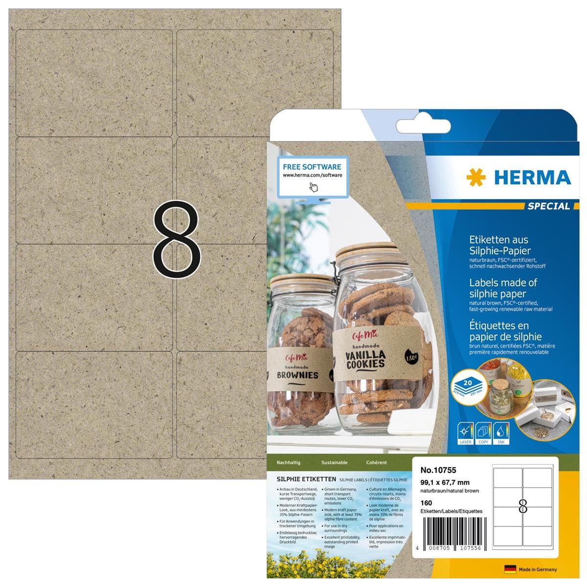 HERMA Etikett Silphie-Papier - A4, 99,1 x 67,7 mm, naturbraun, permanent, 160 Stück