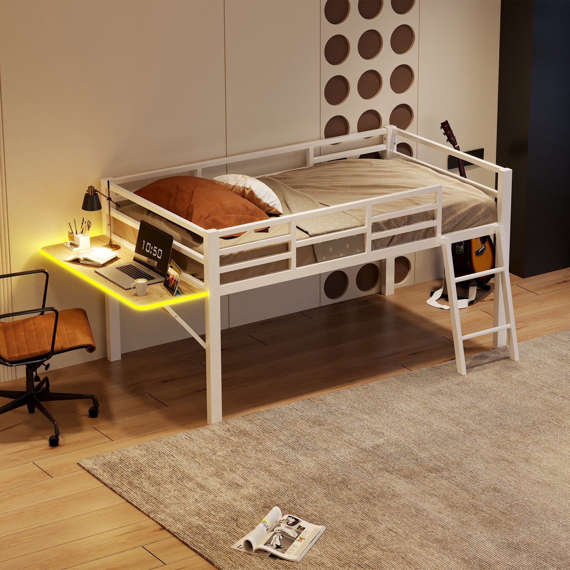 Flieks Hochbett Metallbett Kinderbett 90x200cm mit LED Klapp-Schreibtisch u günstig online kaufen