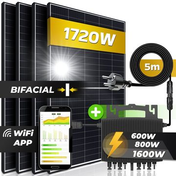 SUNNIVA Solaranlage 1720/1600W BIFACIAL Balkonkraftwerk, 1600,00 W, Monokristallin, (E-Star 1600W Micro-Wechselrichter HERF Wifi Upgradebar Drosselbar, 4x 430W Solarmodule, Solaranlage mit 5m Anschlusskabel, Solarkabel, Photovoltaikanlage), Balkon Mini-PV Anlage genehmigungsfrei Inverter, Solarpanel Solarmodul