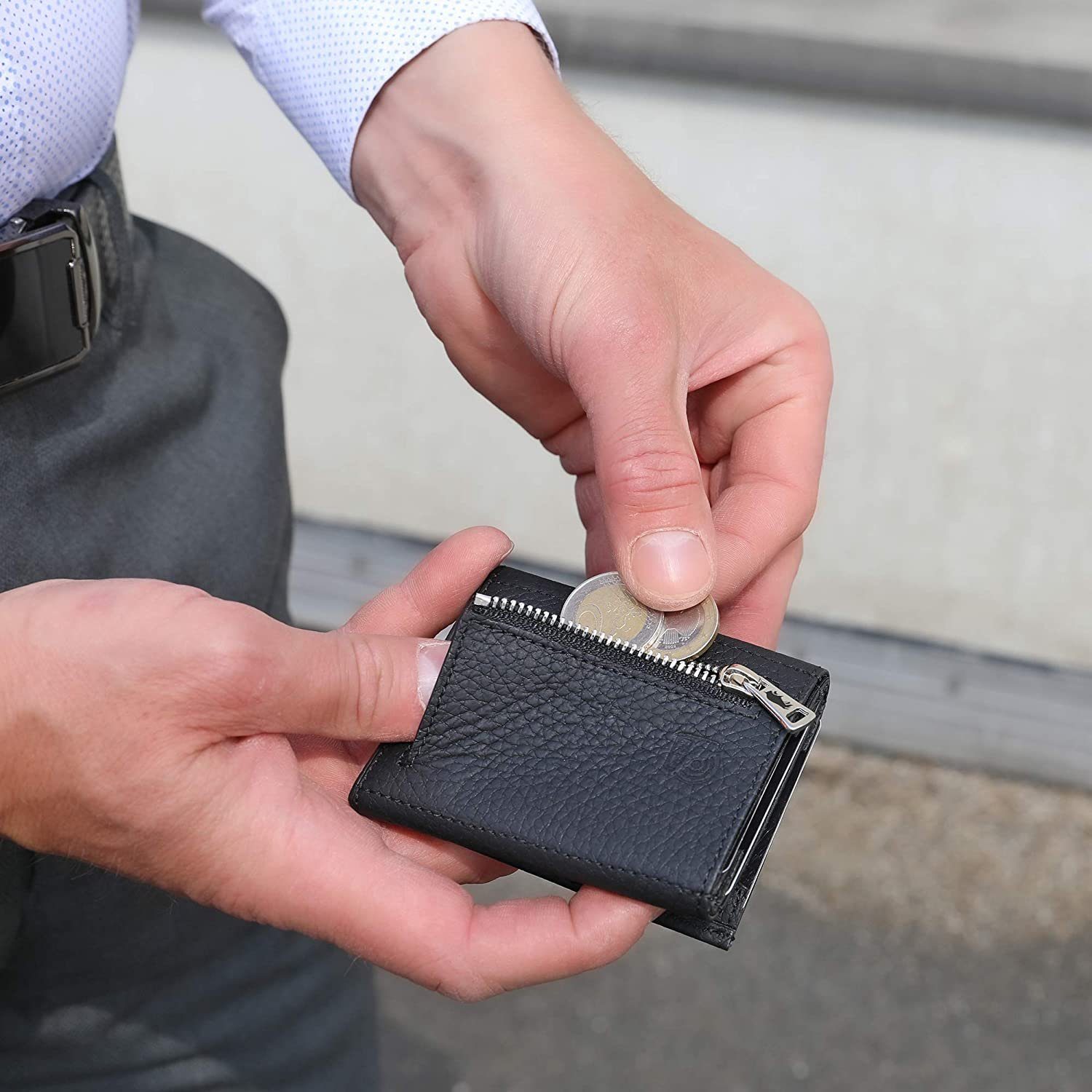 Schwarz Slim echt Wallet [12 Europe in [RFID-Schutz], Matt mit Macde Leder, Riga RFID Karten] Münzfach Slimwallet Pelle Schutz, Solo Brieftasche