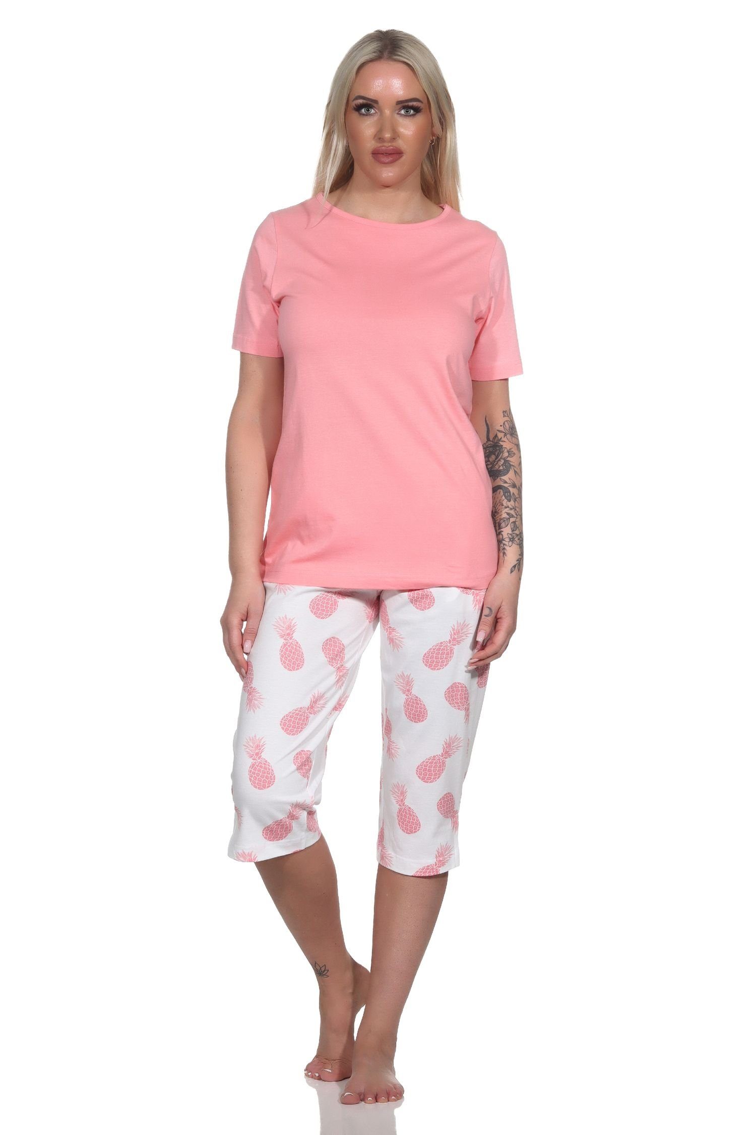 Normann Pyjama Damen Kurzarm Schlafanzug mit Caprihose Homewear und Ananas als Motiv rosa