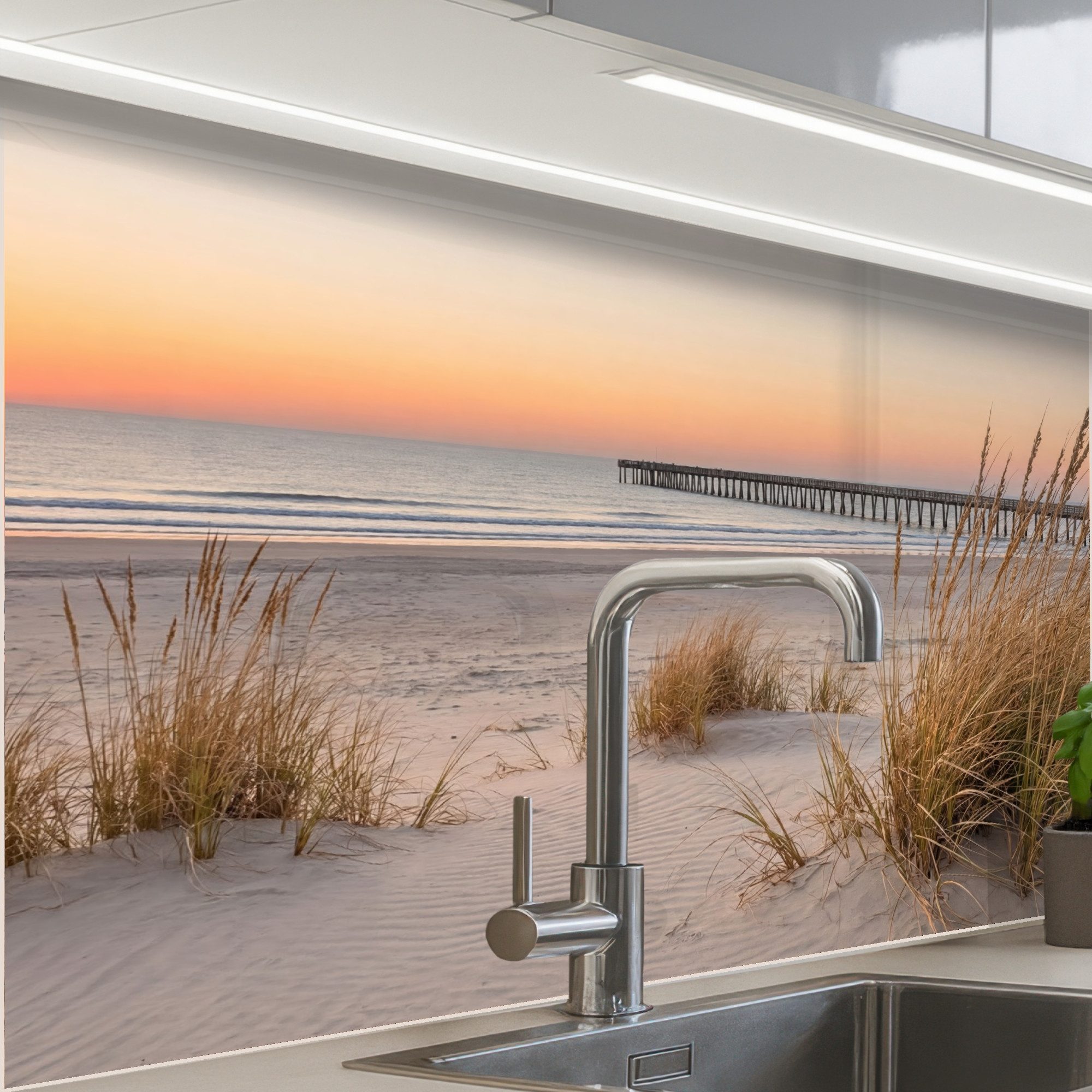 KitchenYeah Küchenrückwand Muster selbstklebend (keine Folie) Pier - Sonnenuntergang - Strand, (1-tlg), Spritzschutz, Küche, Rückwand, Küchenwand, Küchenfront, 30x20 cm