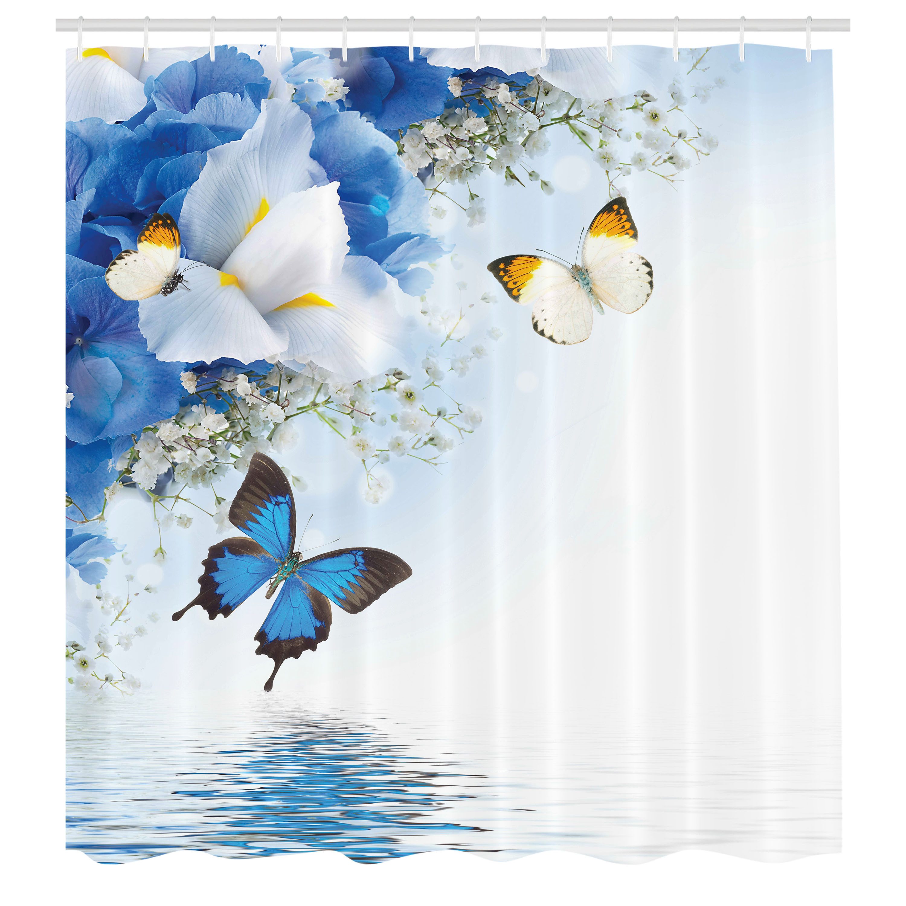 Abakuhaus Duschvorhang Moderner Digitaldruck mit 12 Haken auf Stoff Wasser Resistent Breite 175 cm, Höhe 180 cm, Schmetterlinge Exotische Blumen Teich