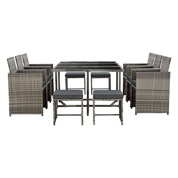 en.casa Gartenlounge-Set, (3-tlg., Esstisch mit 6 Stühlen und 4 Hockern), »Laredo« Sitzgruppe Tisch 6x Stuhl 4x Hocker Polyrattan Grau meliert