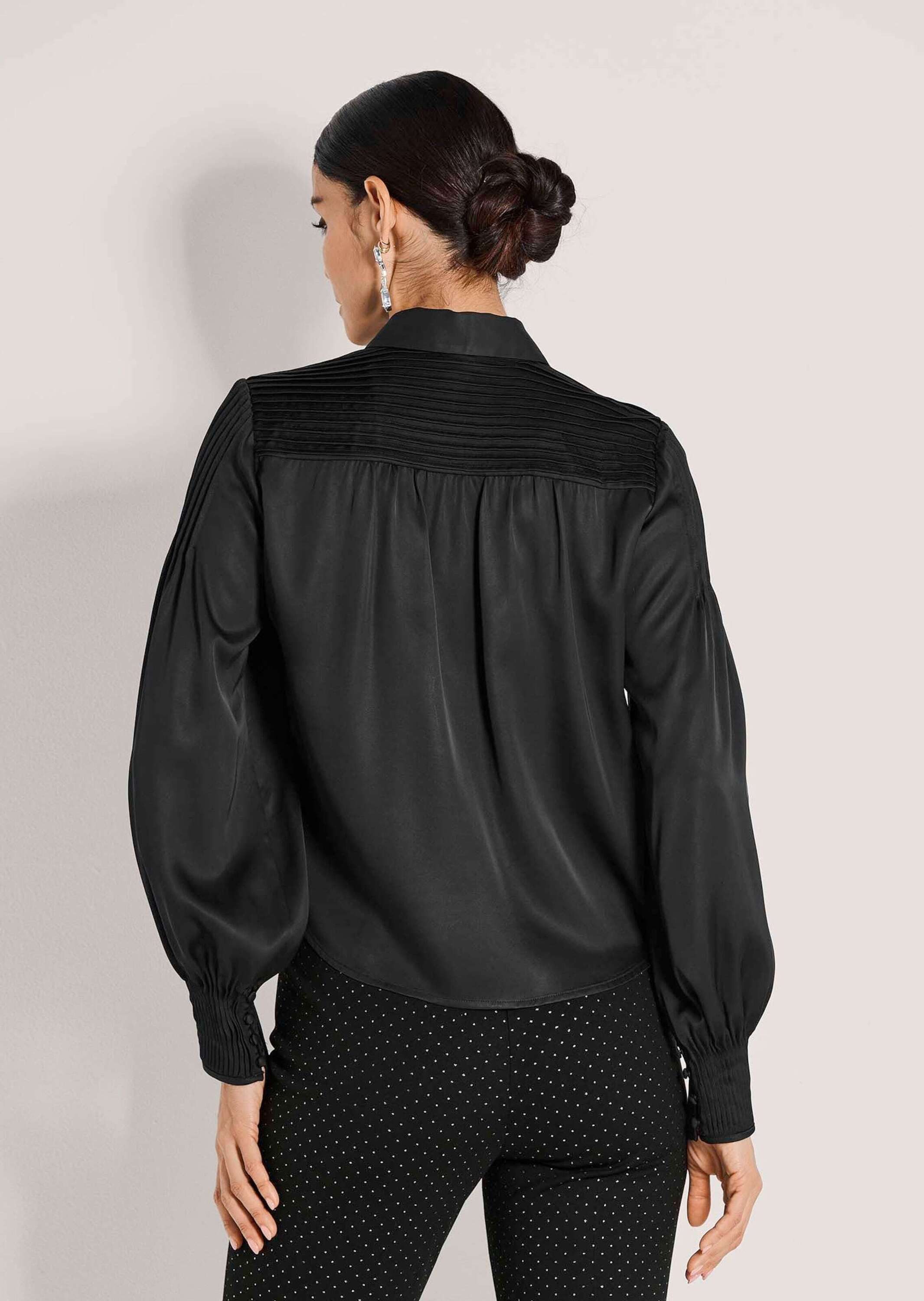 MADELEINE Langarmbluse Elegante Viskosebluse mit Knopfleiste Zierband und Biesen, Hemdkragen, lange Ärmel