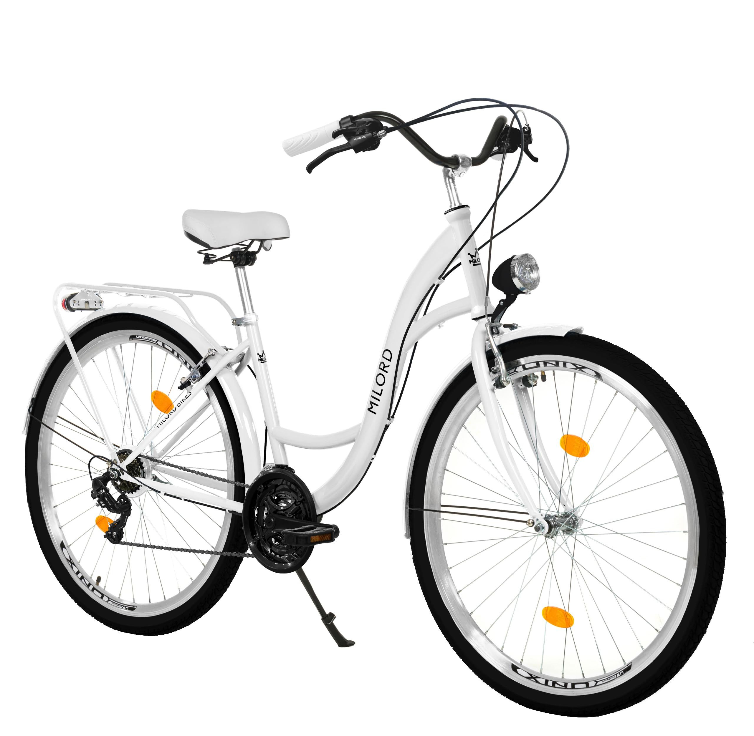 Milord Cityrad Damenfahrrad Citybike Hollandrad Fahrrad, 26/28 Zoll, Weiß, 21-Gang, 21 Gang, (Fahrradständer, Gepäckträger, Klingel, Korb, Kotflügel)