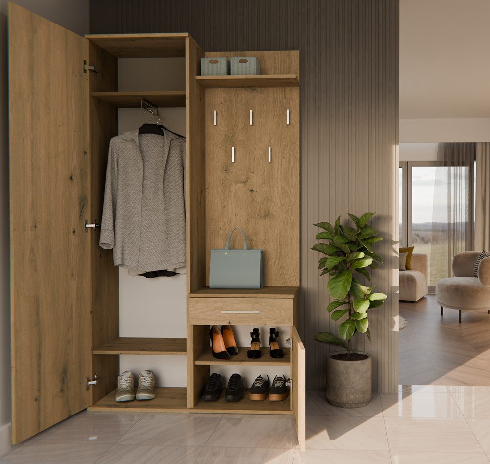 Raumhirsch Furniture Schuhschrank Garderobenschrank für Flur und Eingangsbereich (Kleiderschrank sowie Schuhschrank im SET, mit 5 Haken mit Ablage für Jacken, Taschen und Hüte) verschiedene Farben