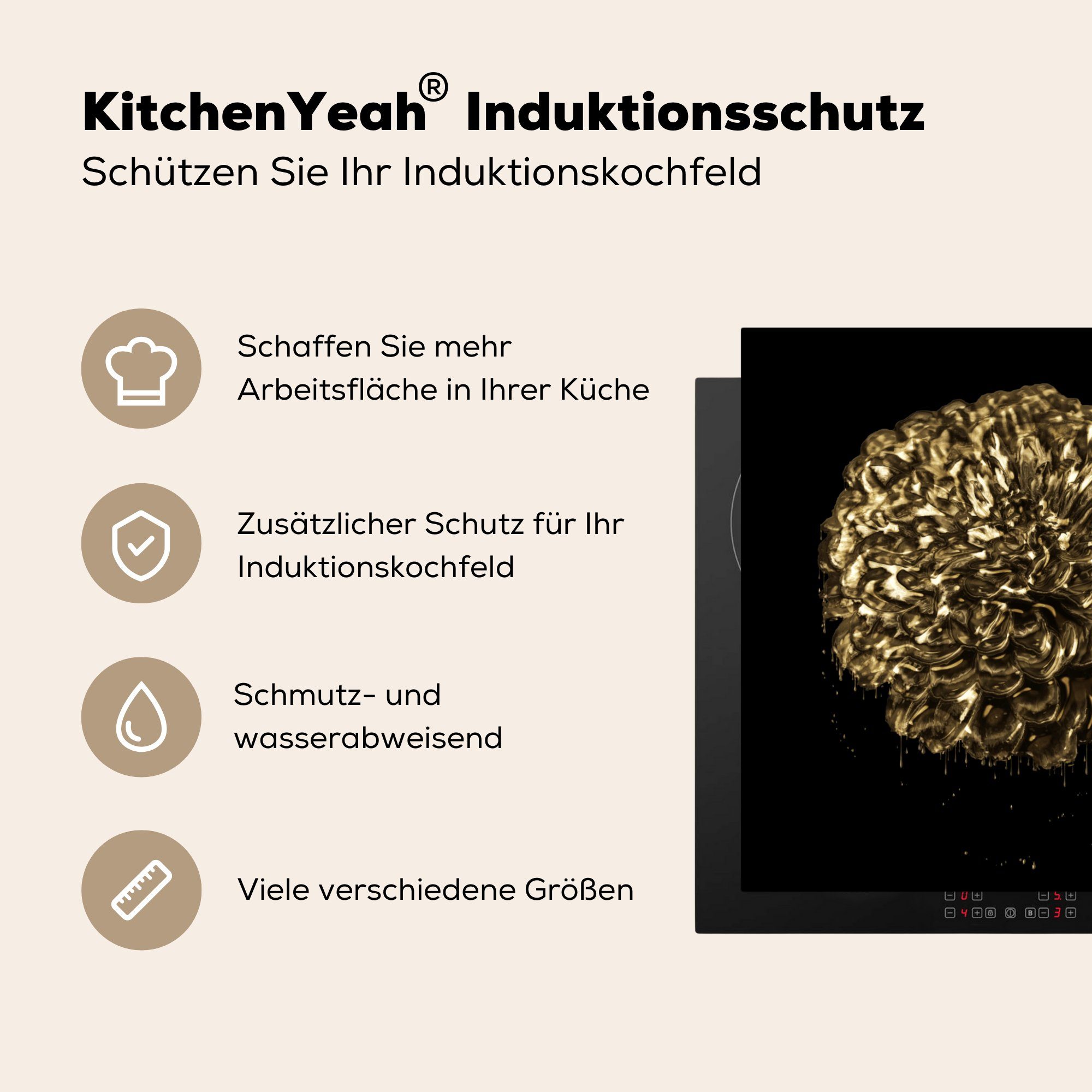 - 78x78 küche Blätter (1 Arbeitsplatte - Gold, cm, tlg), Ceranfeldabdeckung, für Herdblende-/Abdeckplatte Blumen MuchoWow Vinyl,