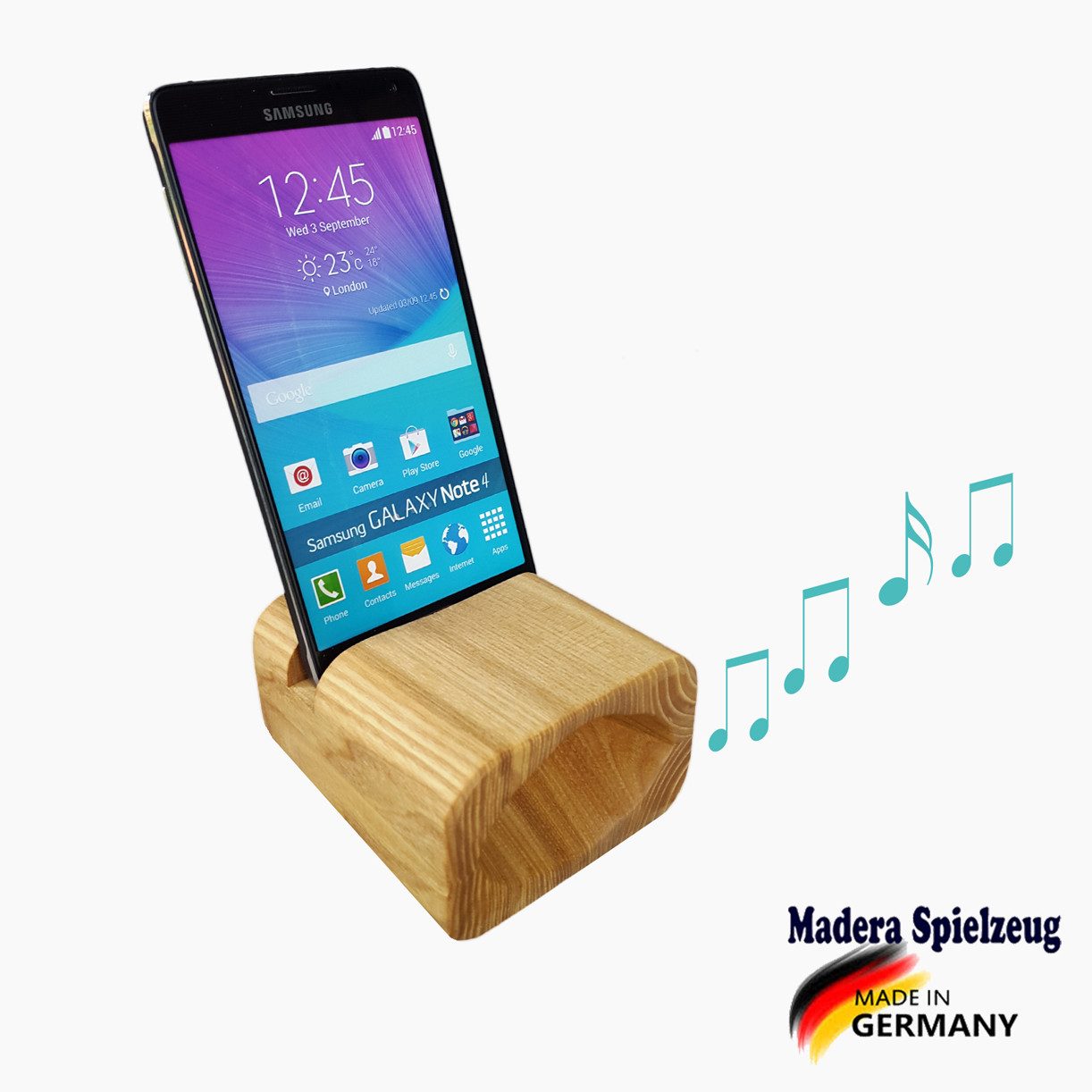 Madera Spielzeuge Handy-Dockingstation Handy Lautsprecher, (1 St., nur halter mit schall trichter), läuft ohne Strom.Made in Germany
