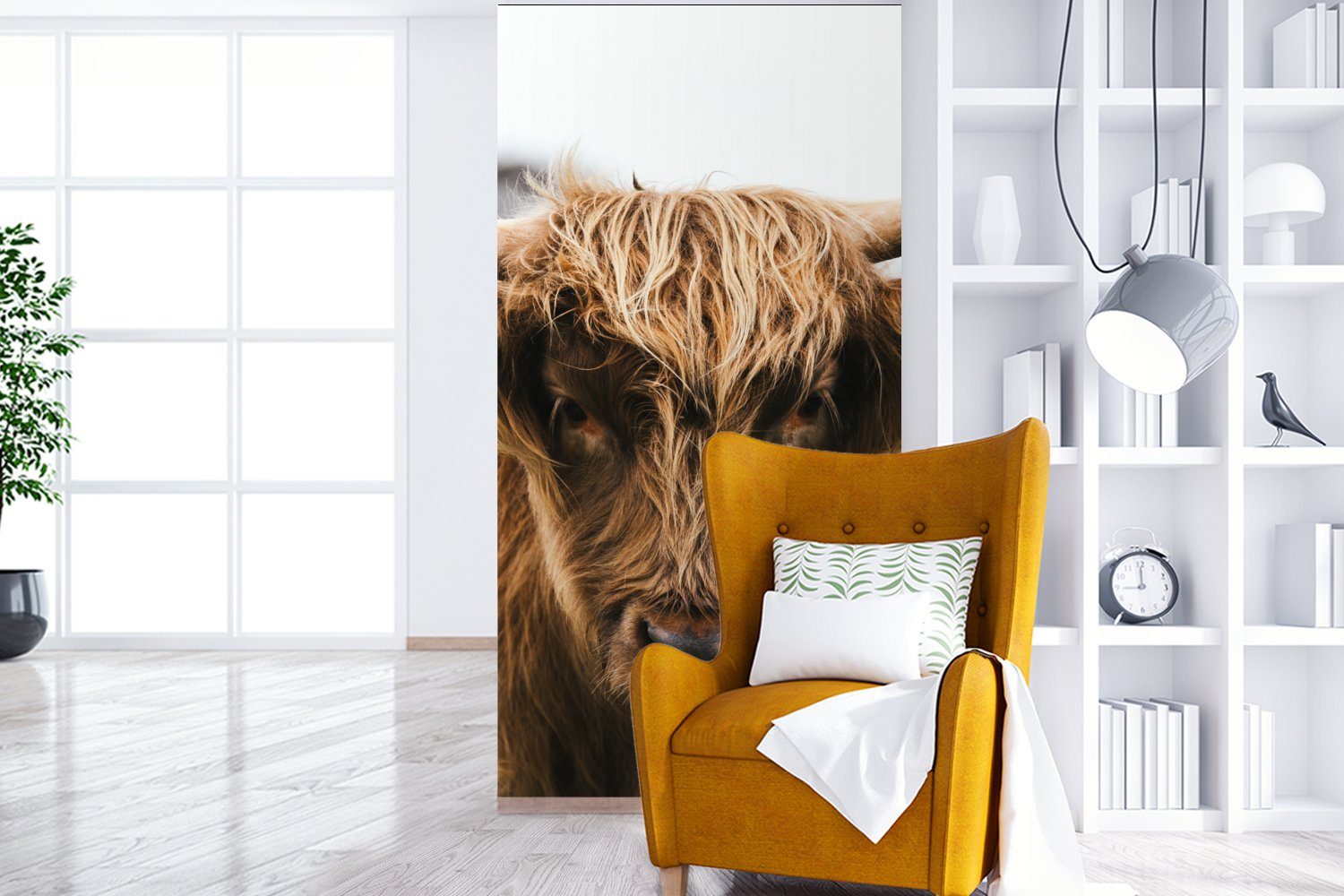MuchoWow Wohnzimmer - - St), Natur, Schlafzimmer bedruckt, Fototapete Fototapete (2 Kuh - - Schottischer Highlander Küche, Vliestapete Matt, Gras für Tiere
