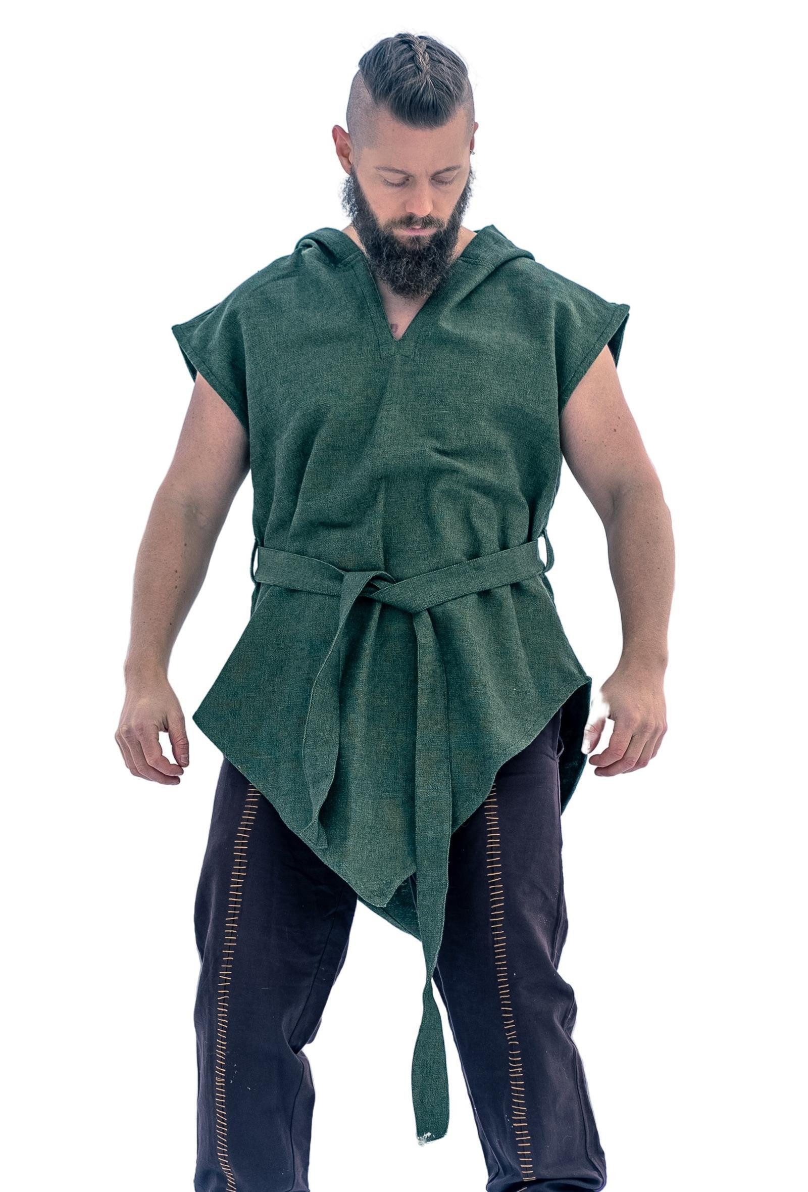 Leonardo Carbone Wikinger-Kostüm Waldläufer-Tunika "Aldon" mit Kapuze, asymmetrischer Saum, integrierter Gürtel