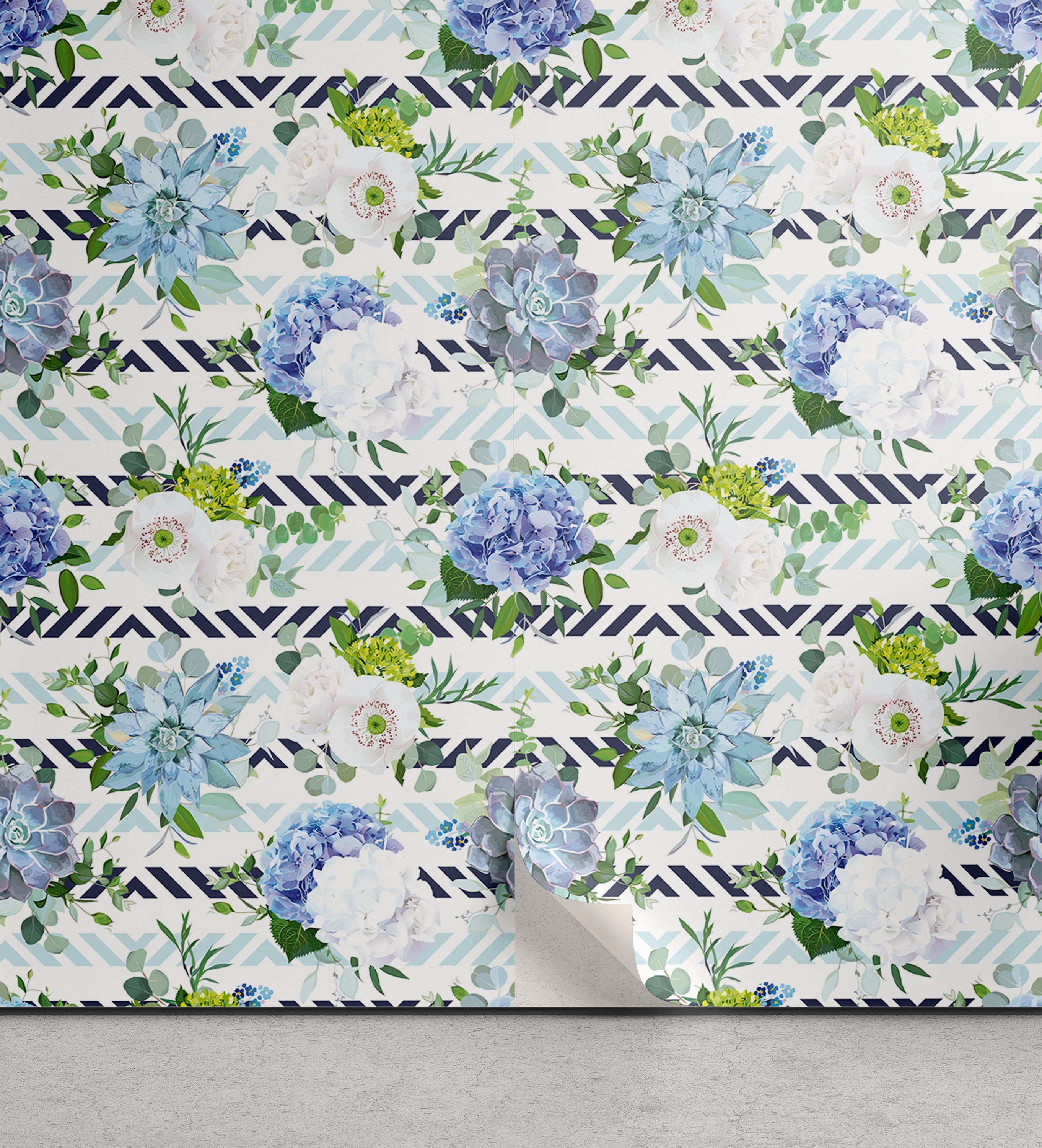 Abakuhaus Vinyltapete selbstklebendes Wohnzimmer Küchenakzent, Hortensie Frische Blumen auf Streifen