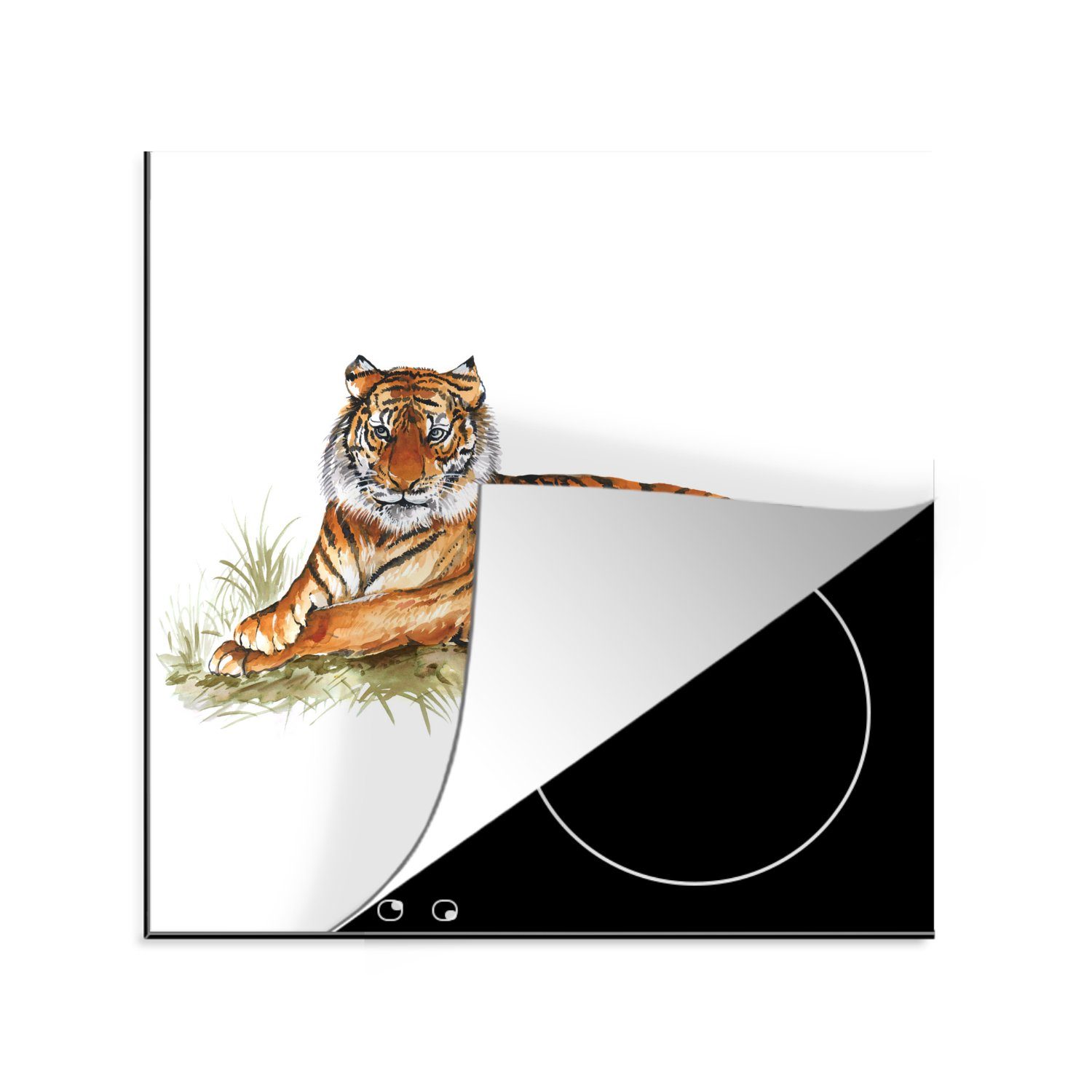 MuchoWow Herdblende-/Abdeckplatte Tiger - Orange - Gras, Vinyl, (1 tlg), 78x78 cm, Ceranfeldabdeckung, Arbeitsplatte für küche