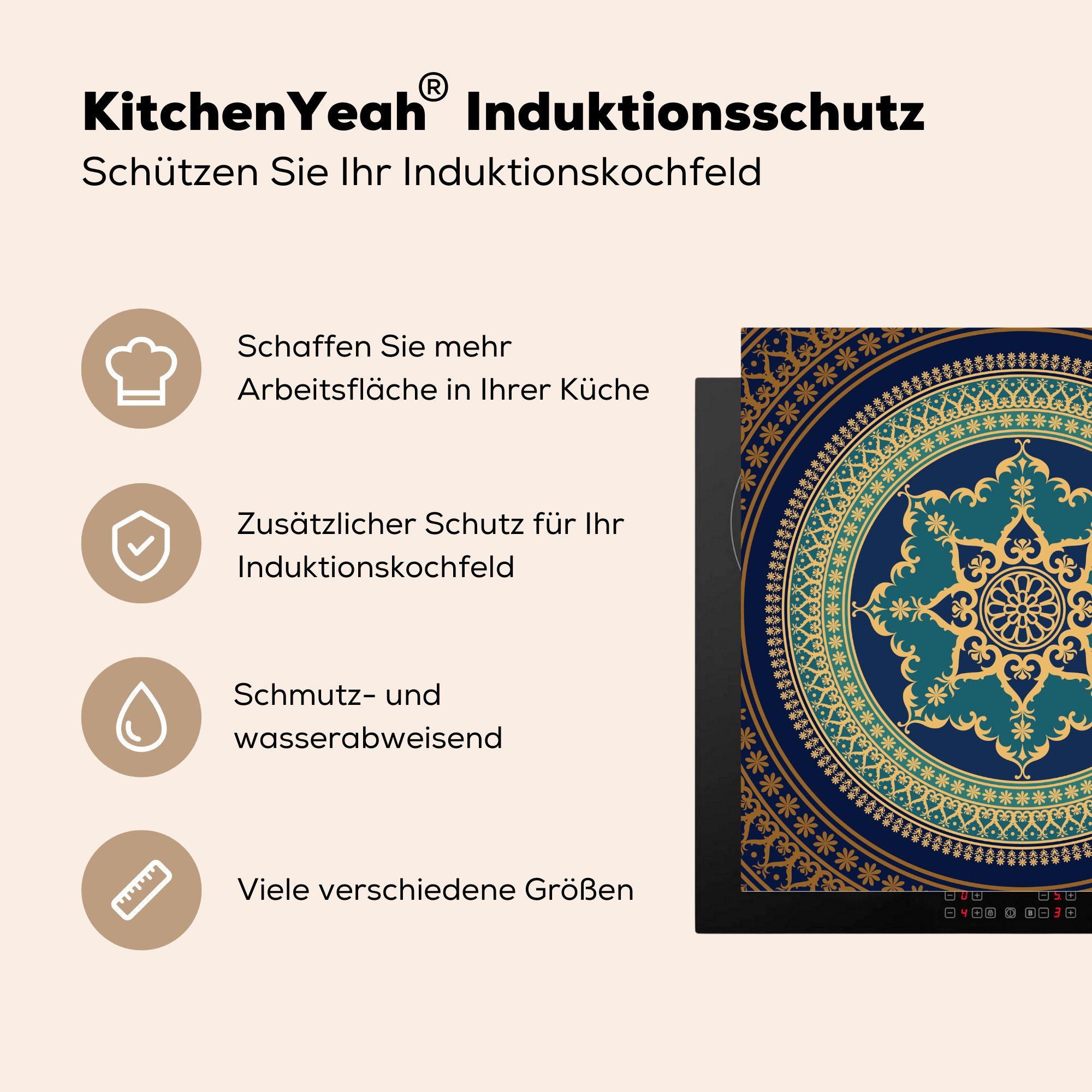 altmodisch, (1 Vinyl, Arbeitsplatte Mandala 78x78 MuchoWow küche Herdblende-/Abdeckplatte für cm, tlg), Ceranfeldabdeckung,