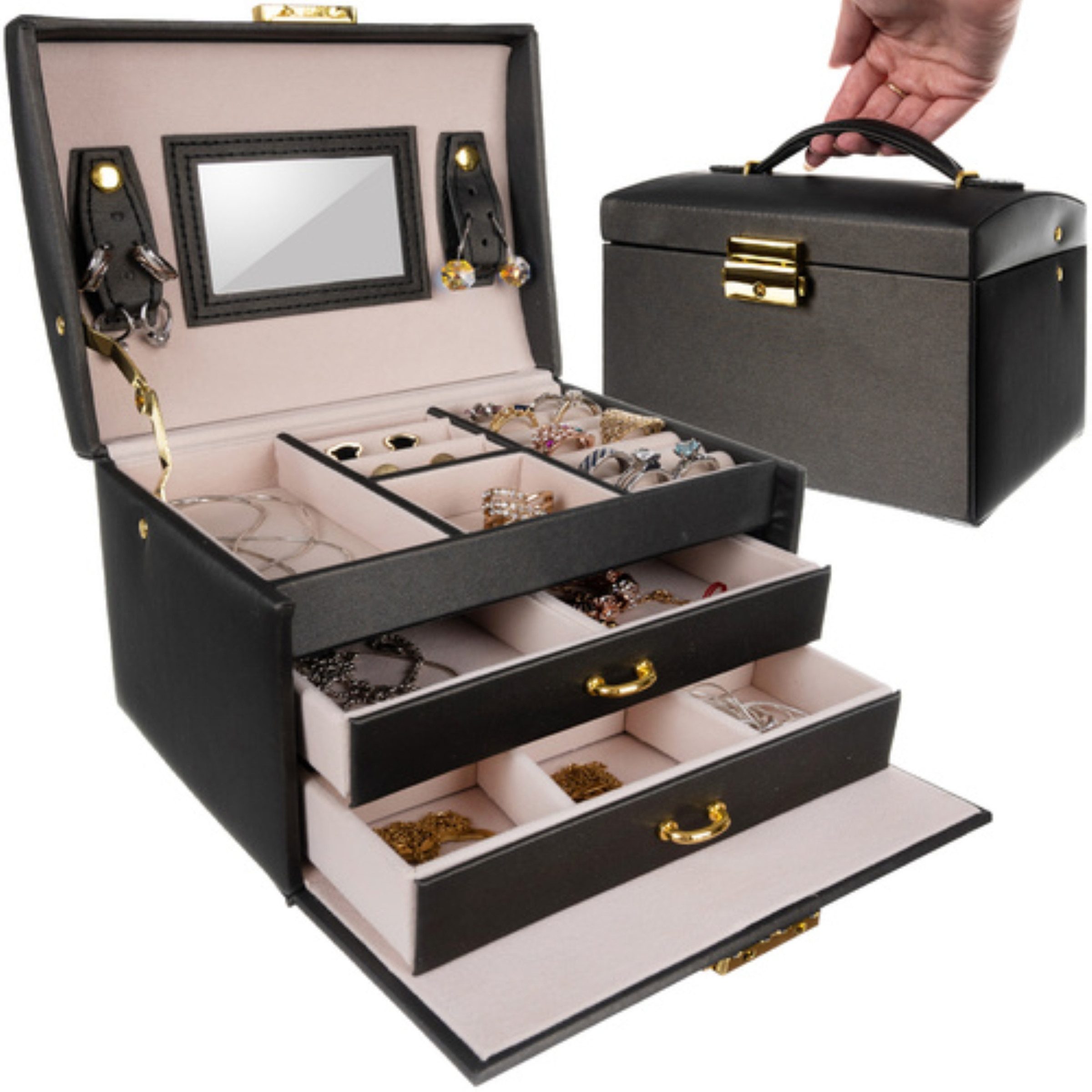 Beautylushh Schmuckkasten Schmuckkasten mit Schloss Spiegel und Schubladen Satinoptik (Einzel Schmuckkasten mit Spiegel Schloss und Schubladen, Schmuckkasten mit Spiegel Schloss und zwei Schubladen), Abschließbar mit Schlüssel Weich ausgekleideter Innenra