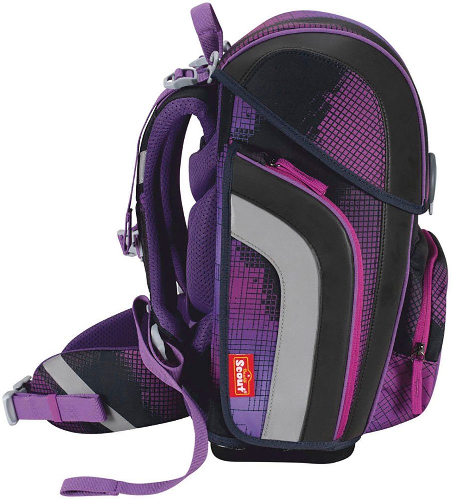 Scout Schulranzen Genius Movie Star, mit LED-Display, Pink Pixel (Set, 4-tlg), mit Powerbank, enthält recyceltes Material