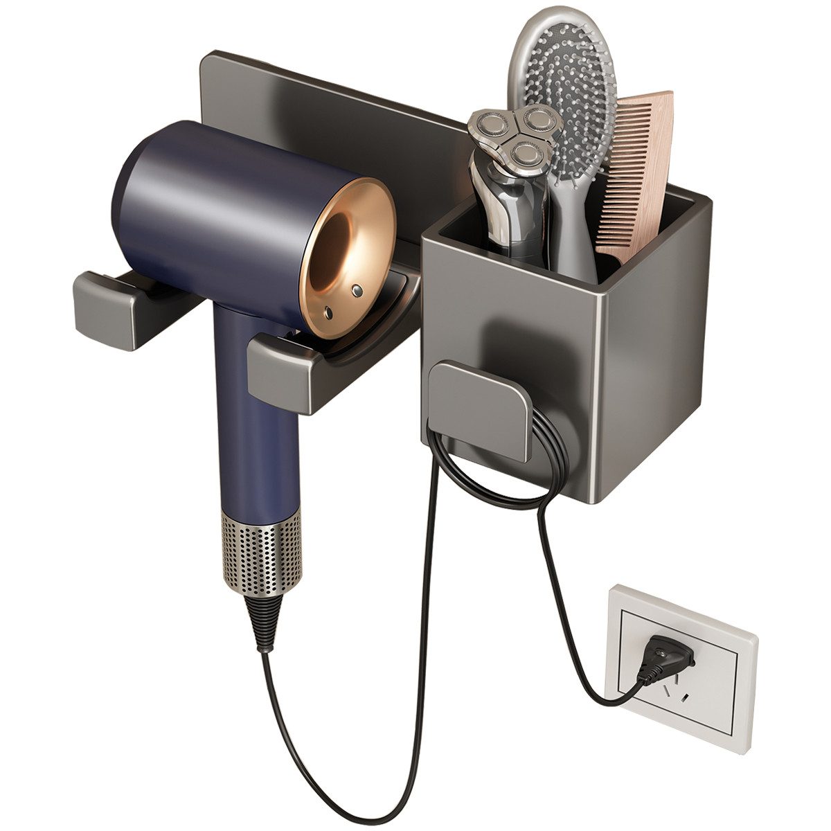 Refined Living Haartrocknerhalter Organizer für Haartrockner, Wandhalterung Haartrockner Halterung, (Haartrocknerhalter, Praktisches Wandregal für Föhn-Badezimmer Aufbewahrung, mit Großem Stauraum Aluminium, Rutschfeste Halterung,Ohne Bohren)