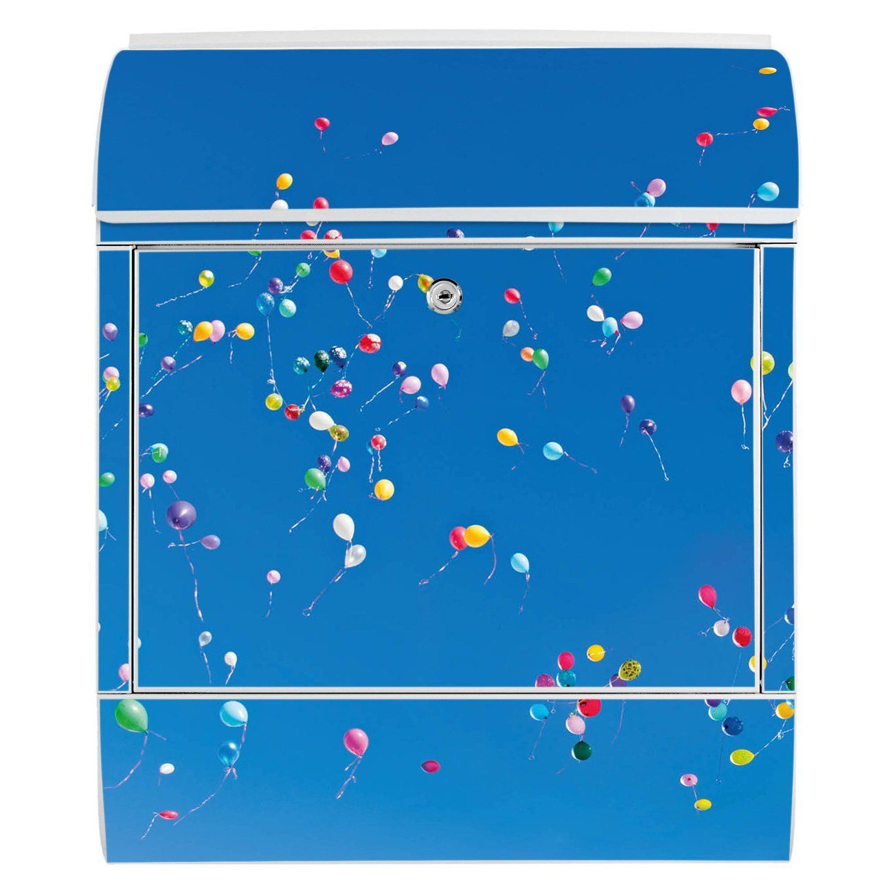 banjado Wandbriefkasten Stahl Bunte pulverbeschichtet, mit x Luftballons weiß 14cm (Wandbriefkasten 39 47 witterungsbeständig, Zeitungsfach), x