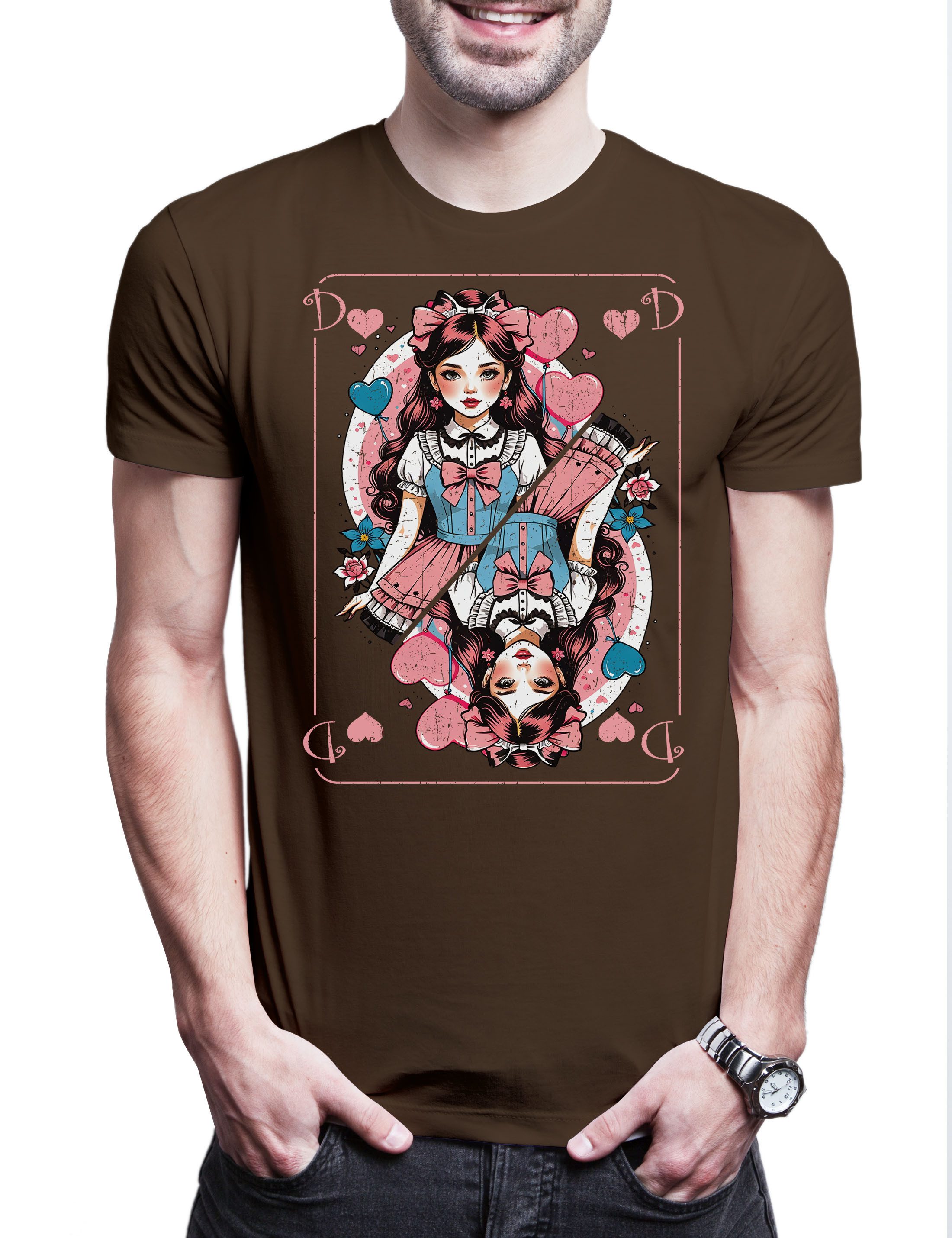 Print-Shirt Anime Queen Of Hearts Card Herren T-Shirt Poker Karte Spielkarte Manga
