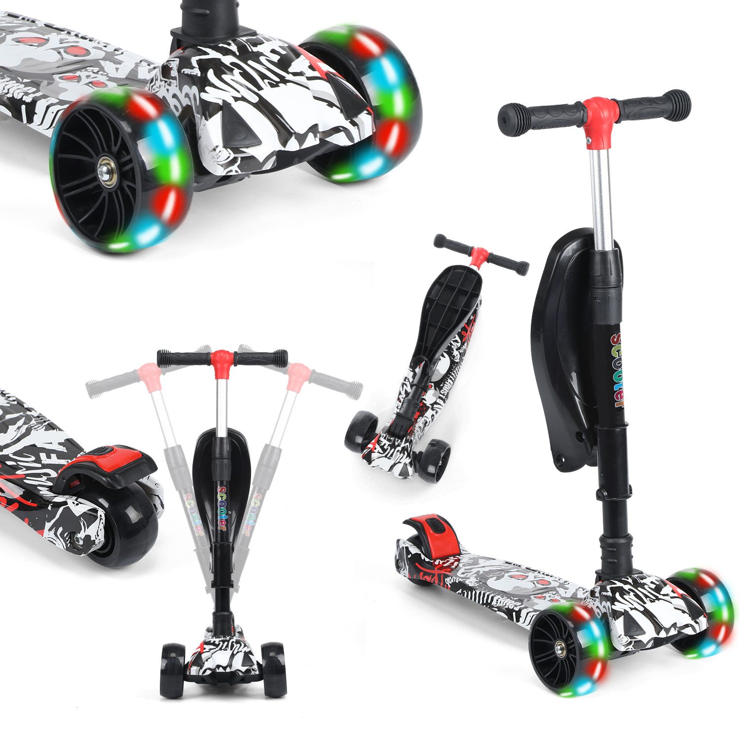 oyajia Cityroller Scooter Kinderroller Tretroller LED-Räder bis 100 kg Höhenverstellbar, (Faltbar Tret-Roller höhenverstellbarer Cityroller), Kinderscooter Dreiradscooter mit PU LED Räder Kinderroller Faltbar