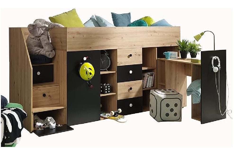 ABIKS MÖBEL Hochbett SMART 3 Etagenbett für Jugendliche mit Schreibtisch und Kleiderschrank