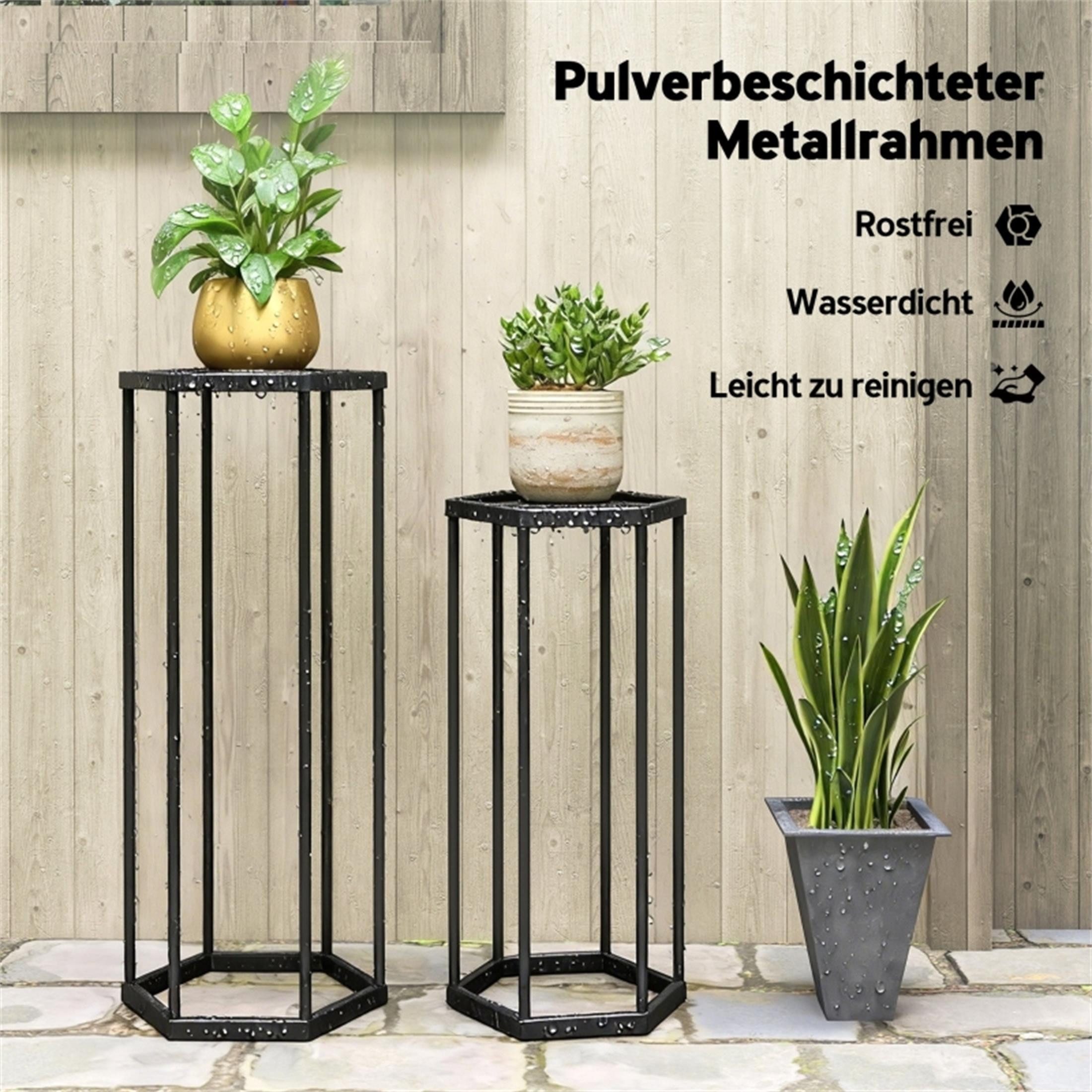 ibettertec Blumenhocker 2er-Set Pflanzständer für Innen und Außen 65cm&75cm (sechseckiger Metall-Blumentopfhalter, schwarz pulverbeschichtetem Stahl), für Garten, Terrasse, Balkon