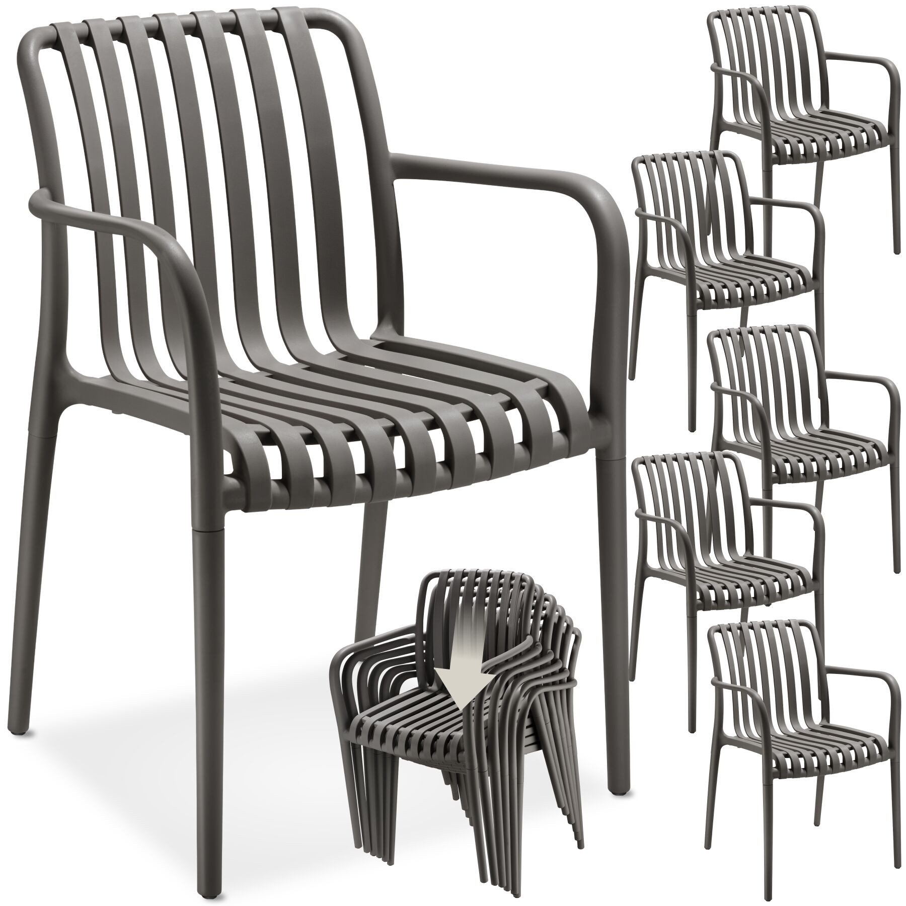 tectake Gartenstuhl Balkonstuhl, stapelbar, 54,5 x 58 x 80,5 cm, Belastbarkeit 120 kg (Terrassenstuhl Alcudia für Außen in Antrazit, 6 St), wetterfest und UV-beständig, pflegeleicht, rutschfeste Gummischoner