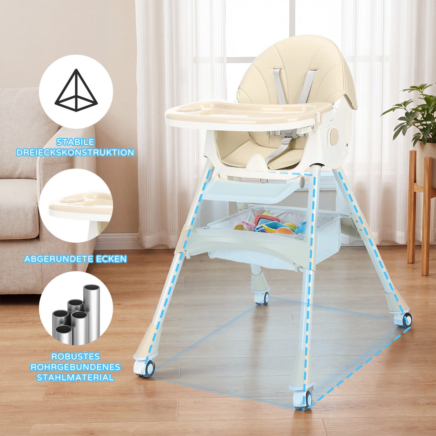 oyajia Kinderstuhl 3-in-1 Kinderstuhl, Kombistuhl, Babystuhl, höhenverstellbar klappbar (Babystuhl mit Tablett und 5-Punkt-Gurt, Fußstütze, Einfach zu Reinigen), Baby Wippe, ab 6 Monaten bis 3 Jahren