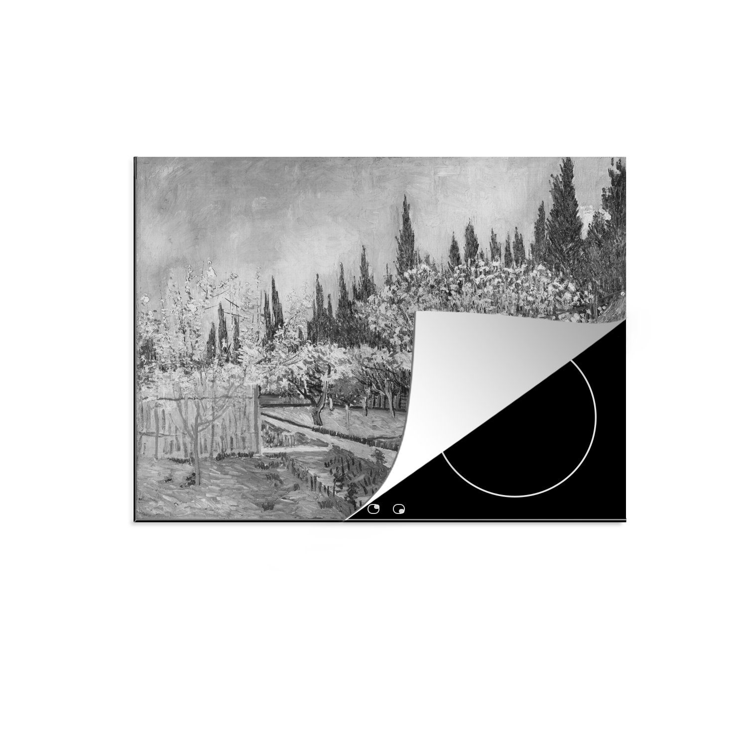 MuchoWow Herdblende-/Abdeckplatte Obstgarten vor Zypressen - Vincent van Gogh - Schwarz und weiß, Vinyl, (1 tlg), 59x52 cm, Ceranfeldabdeckung für die küche, Induktionsmatte