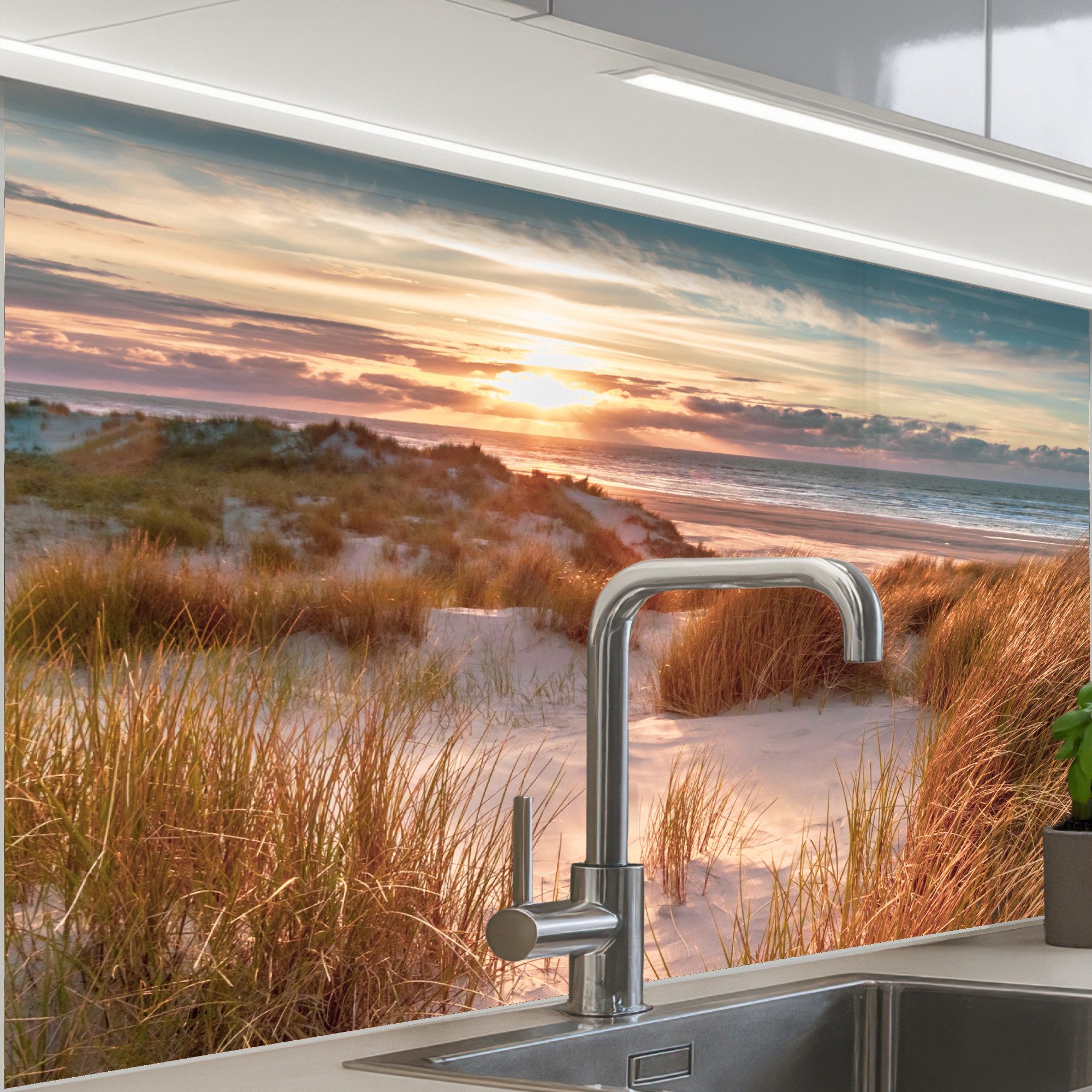 KitchenYeah Küchenrückwand selbstklebend Düne - Pflanzen - Sonnenuntergang - Strand - Meer, (1-tlg), Spritzschutz, Küche, Rückwand, Küchenwand, Küchenfront, 80x60 cm