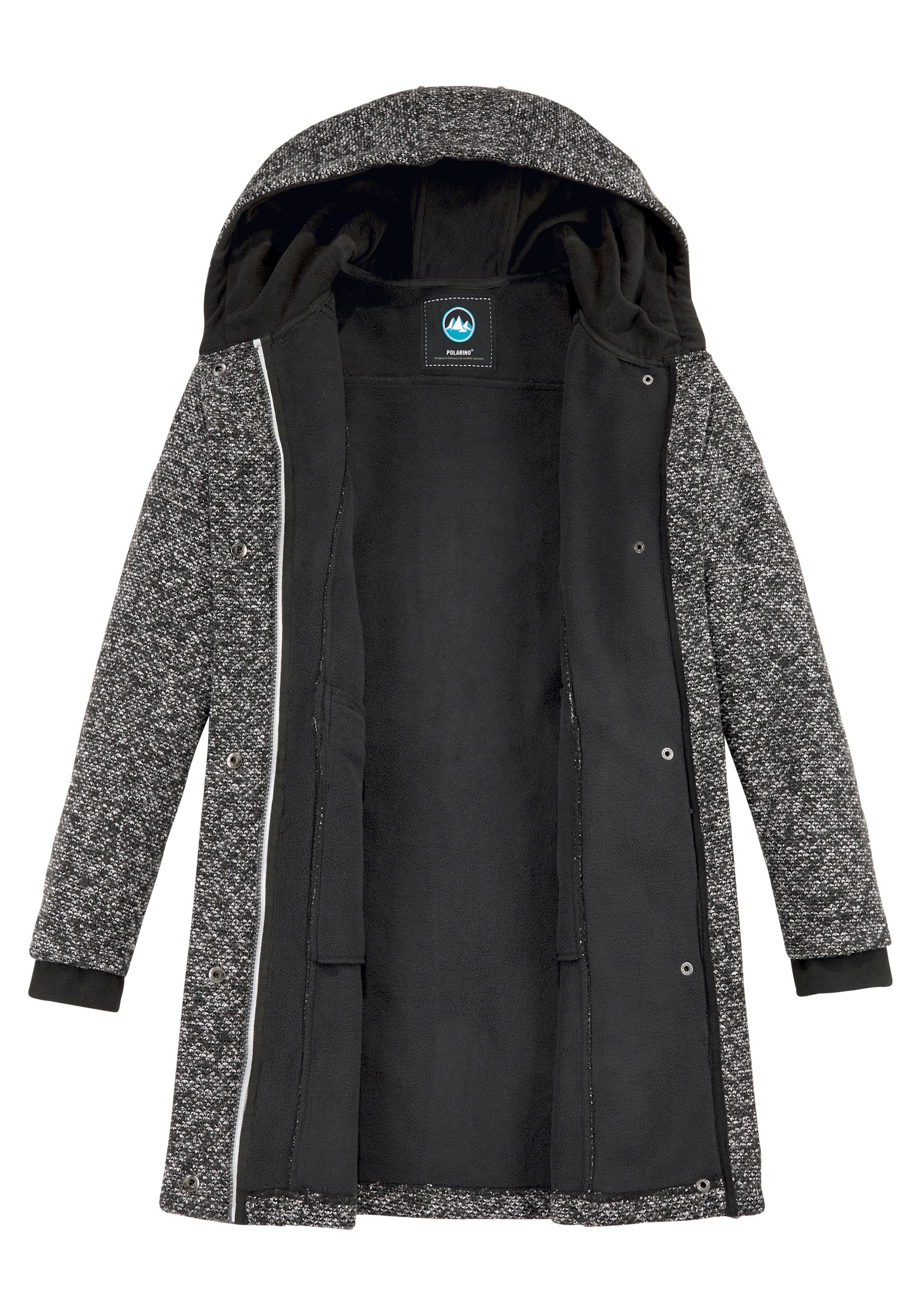 Polarino Strickmantel atmungsaktiv und wärmeisolierend. Strickoptik außen, Fleece innen.