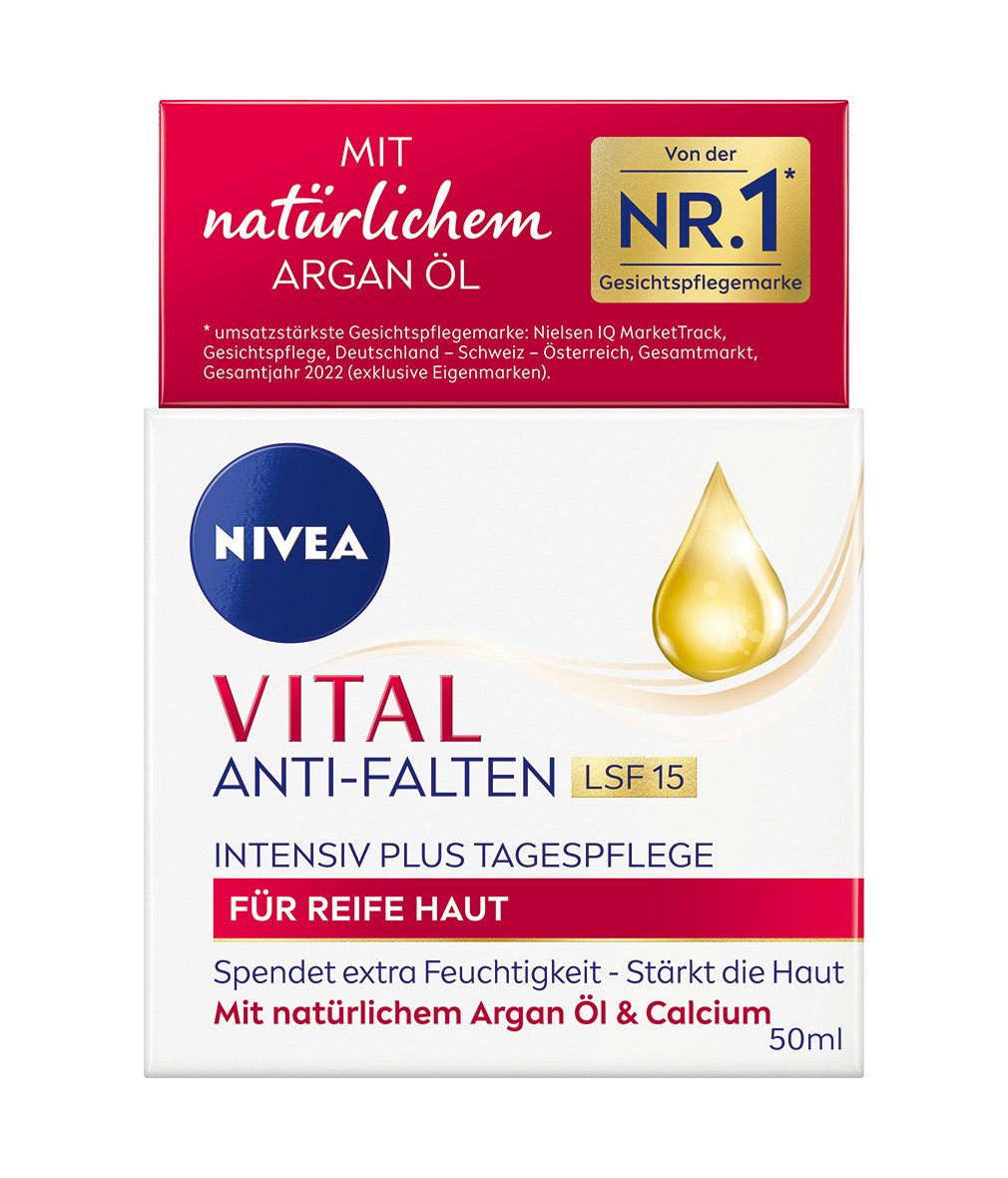 Nivea Tagescreme VITAL Anti-Falten Intensiv Plus LSF 15 Bio Arganöl 2 x 50 ml, 2-tlg., Bio Arganöl, Calcium