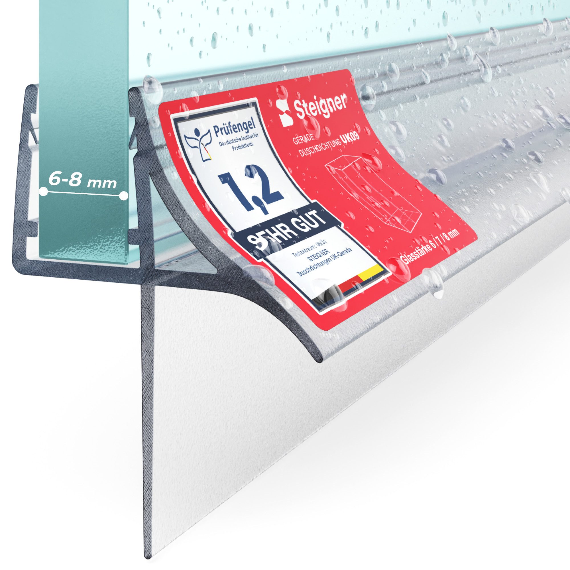 STEIGNER Duschdichtung Duschtürdichtung gerade 30cm UK09 (1 Stk) Transparent 6-8 mm, L: 30 cm, (1 Stück Packung, Einzeldichtung), Dichtung für Eckdusche, Nischendusche oder Fünfeckdusche mit Duschtür