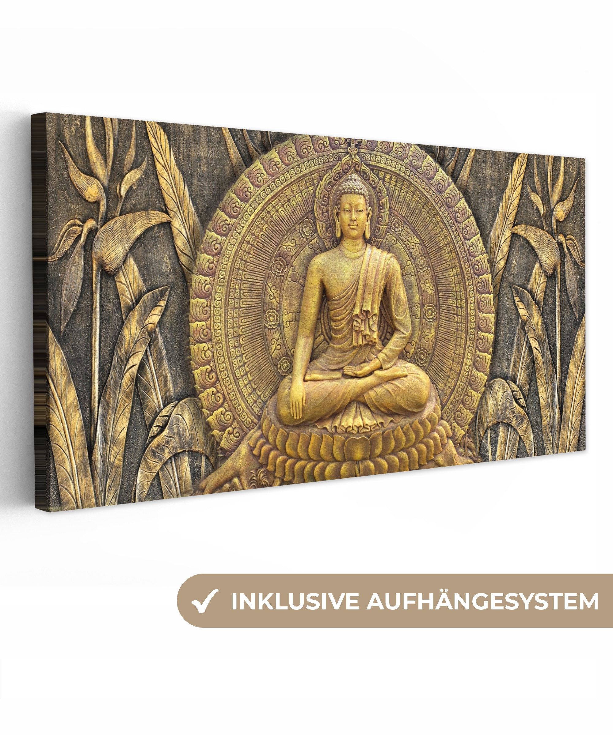 OneMillionCanvasses® Leinwandbild Panorama Gold - Buddha-Statue - Spirituell - Meditation, Fotodruck (1 St), Wandbild, Deko Schlafzimmer Wohnzimmer Flur 40x20 cm