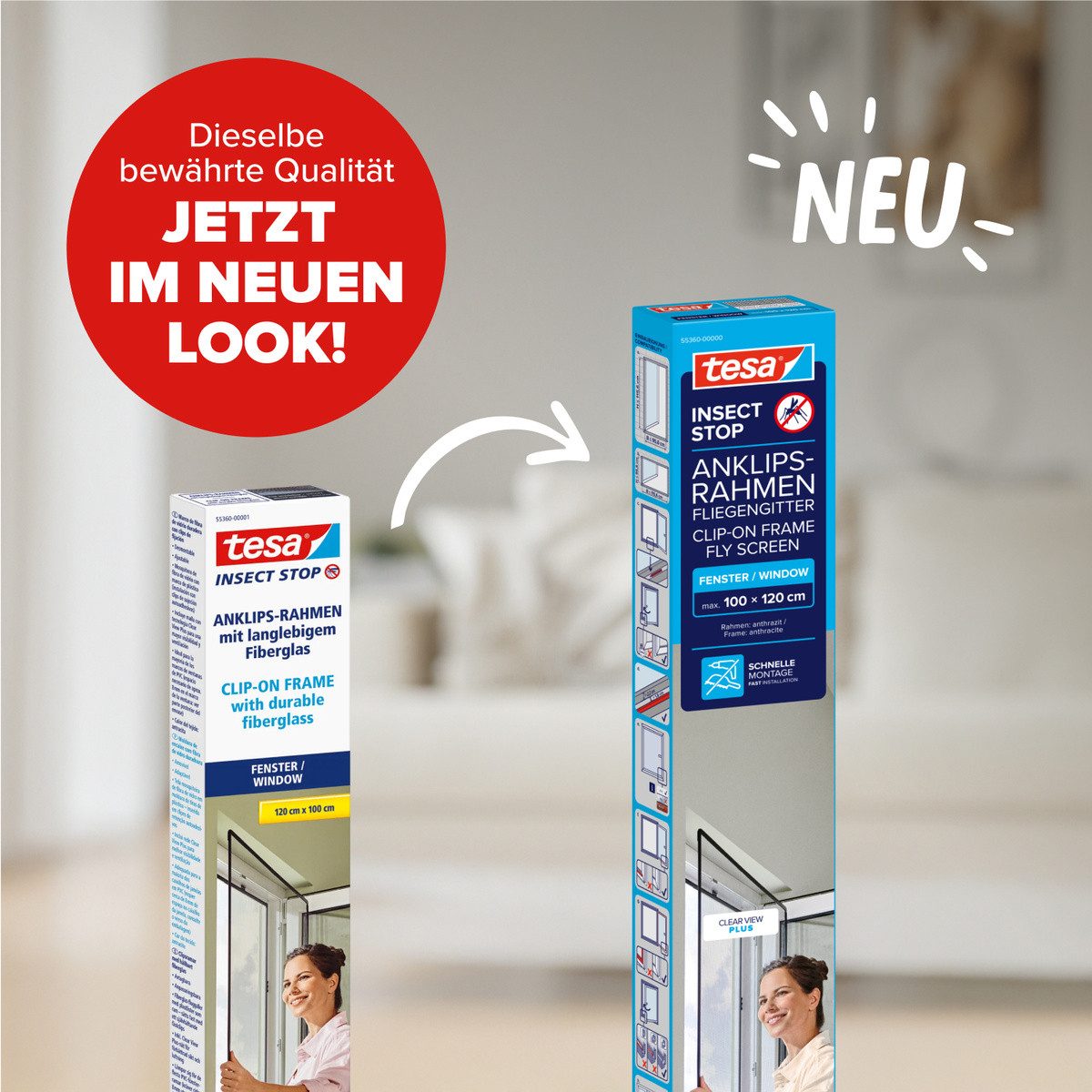 tesa Insektenschutz-Fensterrahmen Anklips-Rahmen Fliegengitter für Fenster, Anthrazit (Durchsichtig), (Packung, 1-St., inkl. Fiberglas-Netz in Anthrazit, Rahmen und Halteklip-Lösung), INSECT STOP Netz aus Fiberglas, selbstklebende Halte-Klips