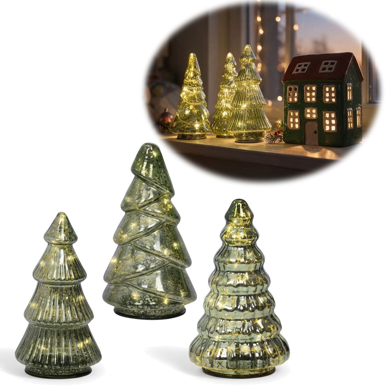 LS-LebenStil Lichterkette 3 Glas Tannenbaum 8 LED 15cm Grün Set Weihnachtsbaum Beleuchtet Timer, 8-flammig, Xmas Dekolicht Fensterdekoration Weihnachtsbeleuchtung Weihnachtsdeko