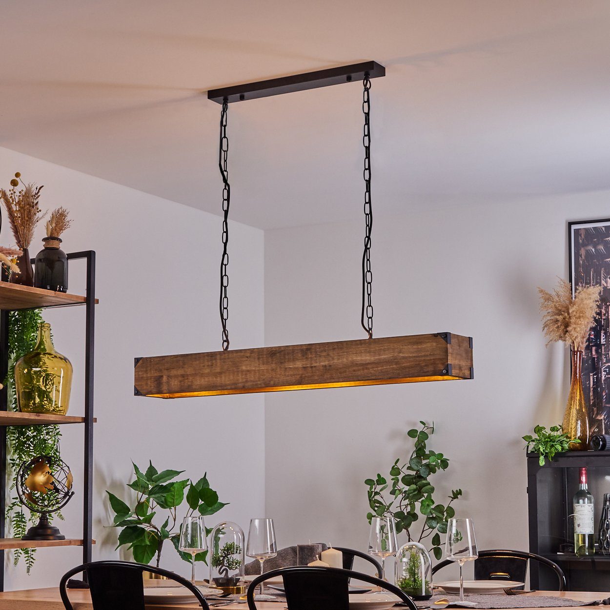 hofstein Pendelleuchte »Spezia« Hängelampe aus Metall/Holz in Schwarz/Natur, ohne Leuchtmittel, mit Holzstab, Ketten-Gliedern u. verstellbaren Leuchtenschirmen, E27
