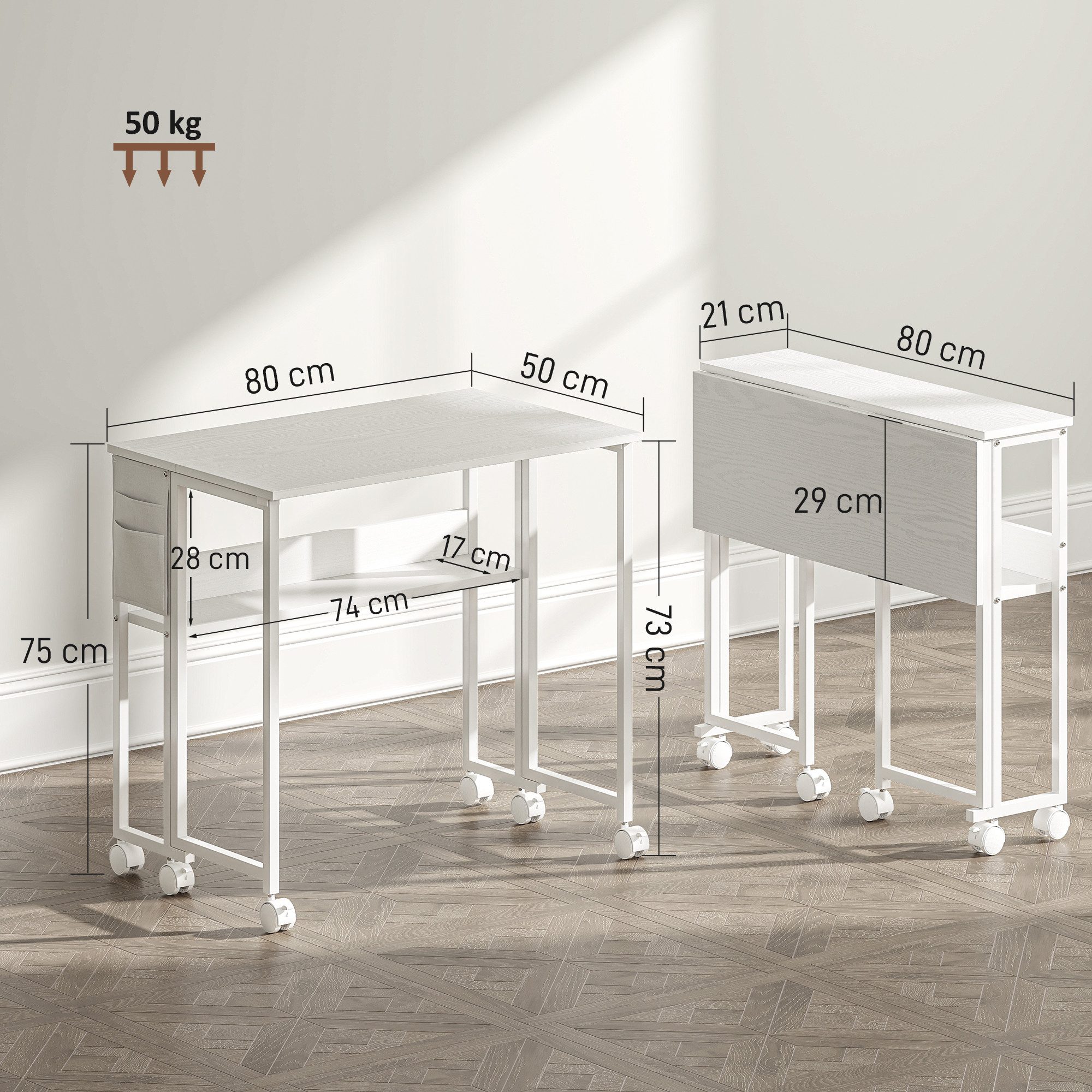 HOMCOM Schreibtisch klappbarer (Klappschreibtisch, 1-St., Platzsparend Computertisch), mit Regal, Aufbewahrungstasche, für Home Office, Weiß