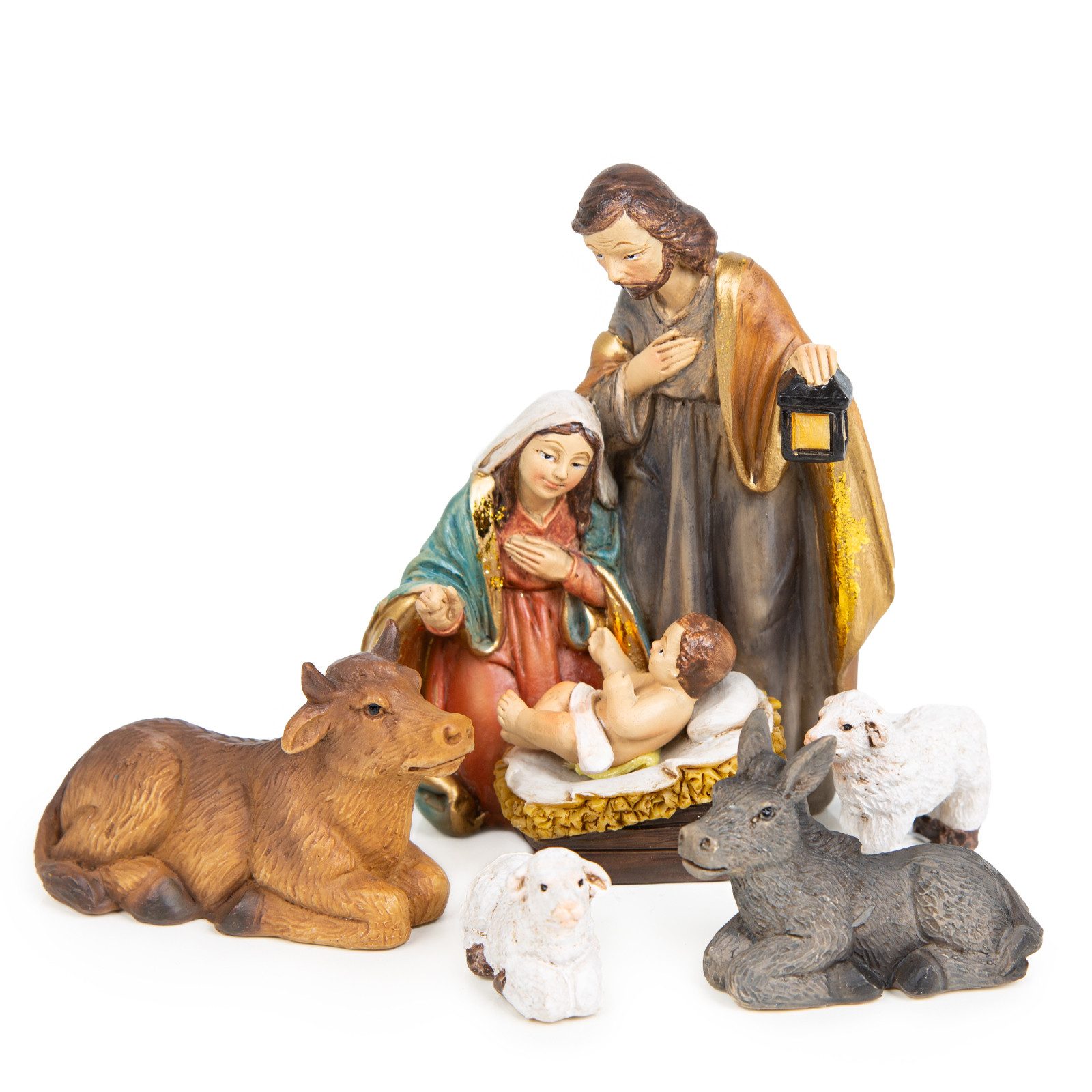 Logbuch-Verlag Weihnachtsfigur Krippenfiguren Set 5-TLG. Heilige Familie 9,5 cm (Set, 5 St), Ochs, Esel & Schafe