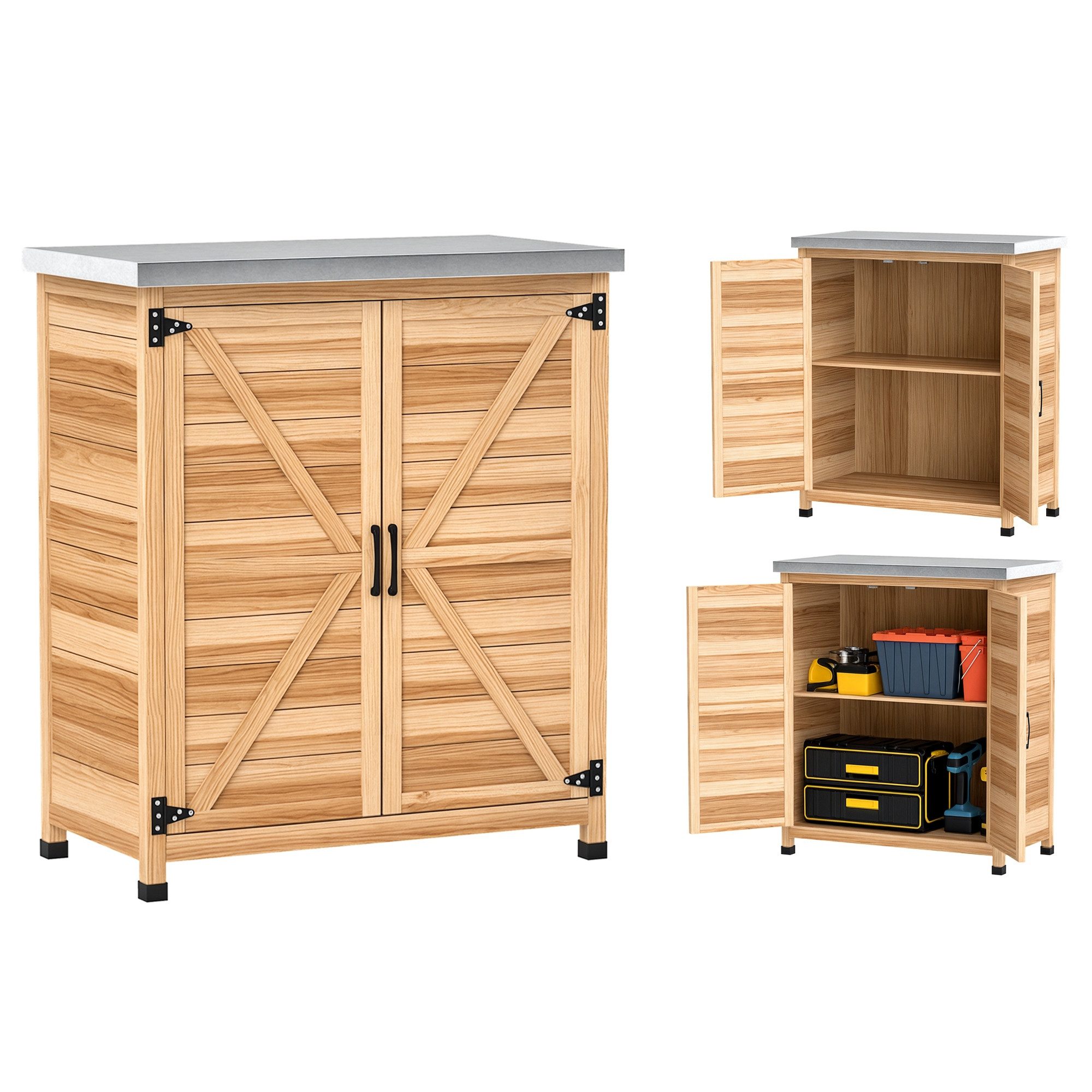 Outsunny Garten-Geräteschrank mit verzinkter Arbeitsplatte, 2 Regalböden, Doppeltür, BxT: 79x43 cm, (Gartenschrank, 2 St., Pflanztisch mit Unterschrank), für Garten Balkon 79 x 43 x 92cm Naturholz