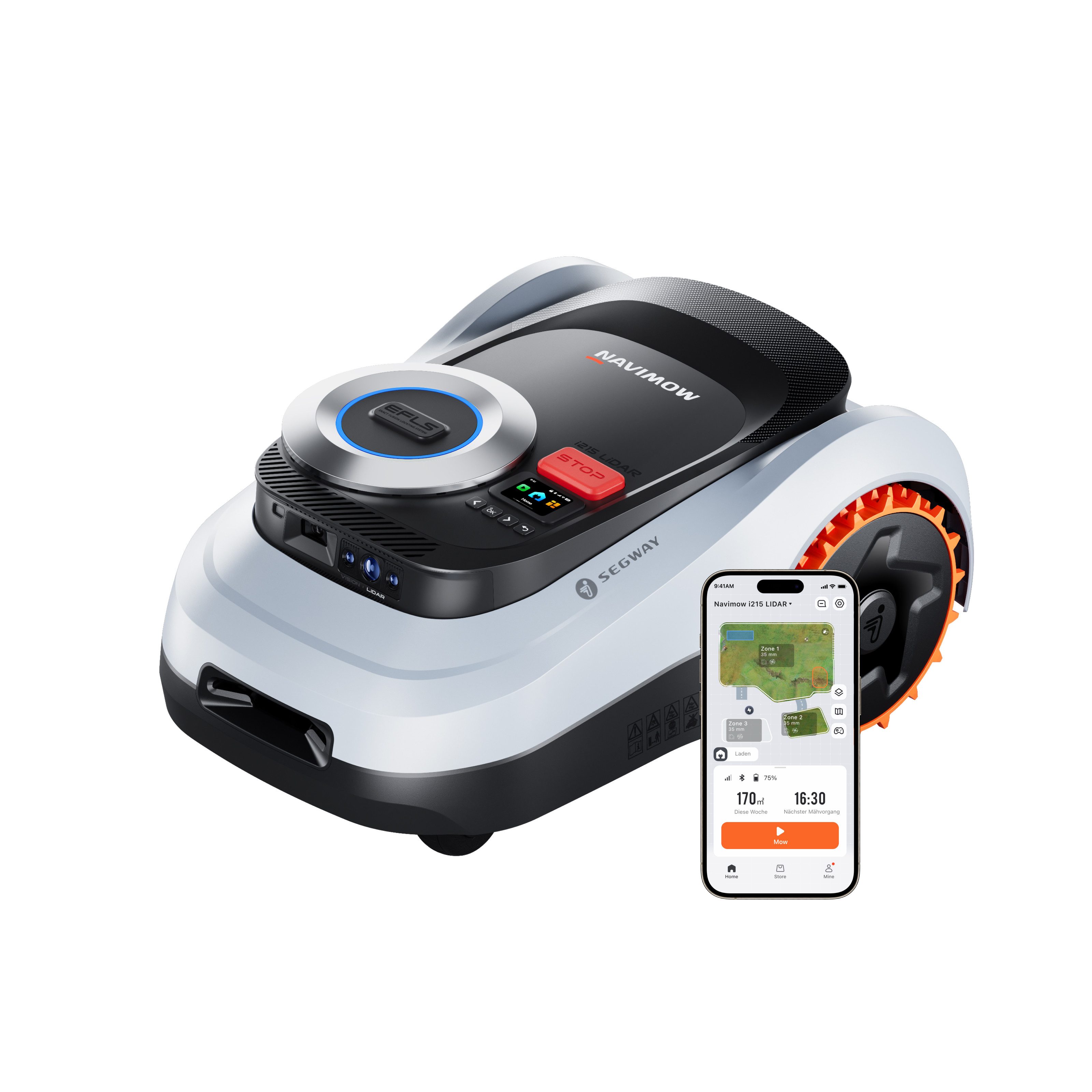 NAVIMOW Rasenmähroboter Segway i208/i215/i220 LiDAR Mähroboter ohne Begrenzungskabel, bis 1500 m² Rasenfläche, (1-St., Geländereifen für Hänge bis 45 % Neigung, LiDAR und Vision Dual System), Automatisches Ein-Tipp-Kartieren, Ohne Drähte oder Antenne